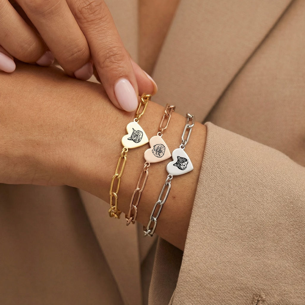 Custom Pet Paperclip Heart Engraved Bracelet - Pet Face