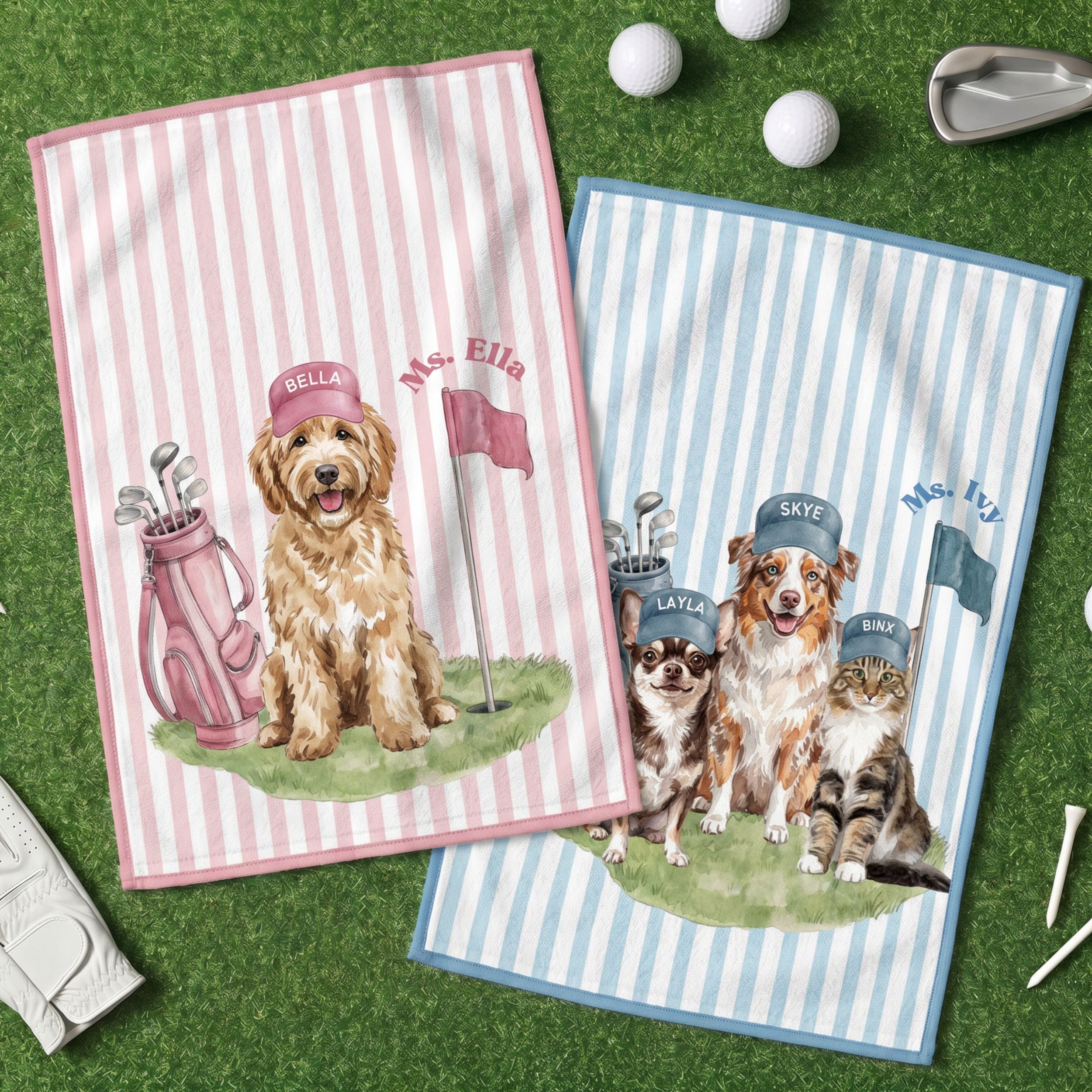 Custom Stripe Pet Golf Towel - Pet Photo + Name