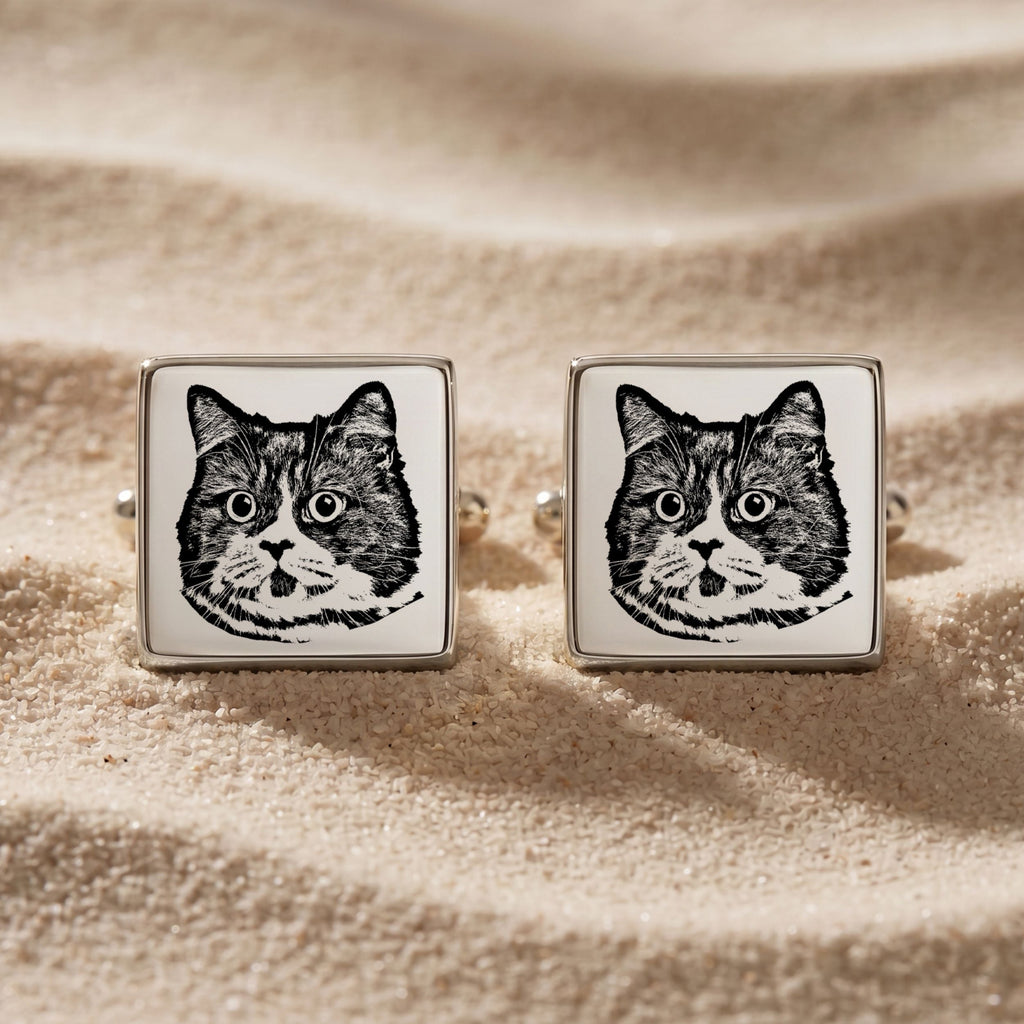 Custom Pet Photo Engraved Sketch Cufflinks Using Photo - Pet Face