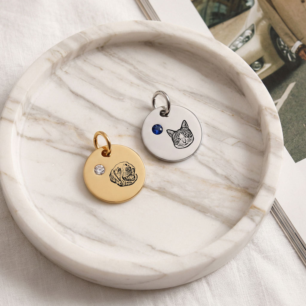 Custom Birthstone Circle Pet Charm Engraved Pendant - Pet Face
