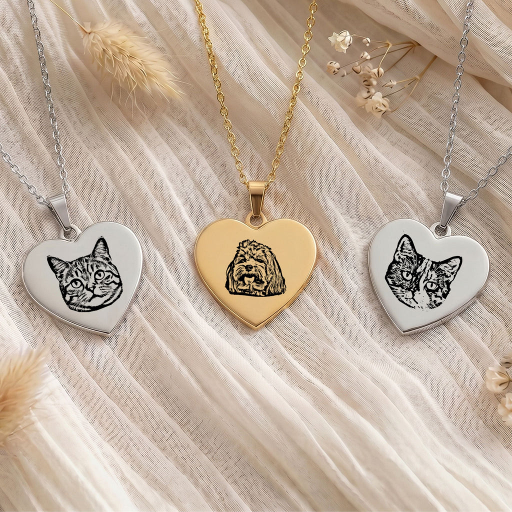Custom Pet Engraved Sketch Heart Necklace - Pet Face
