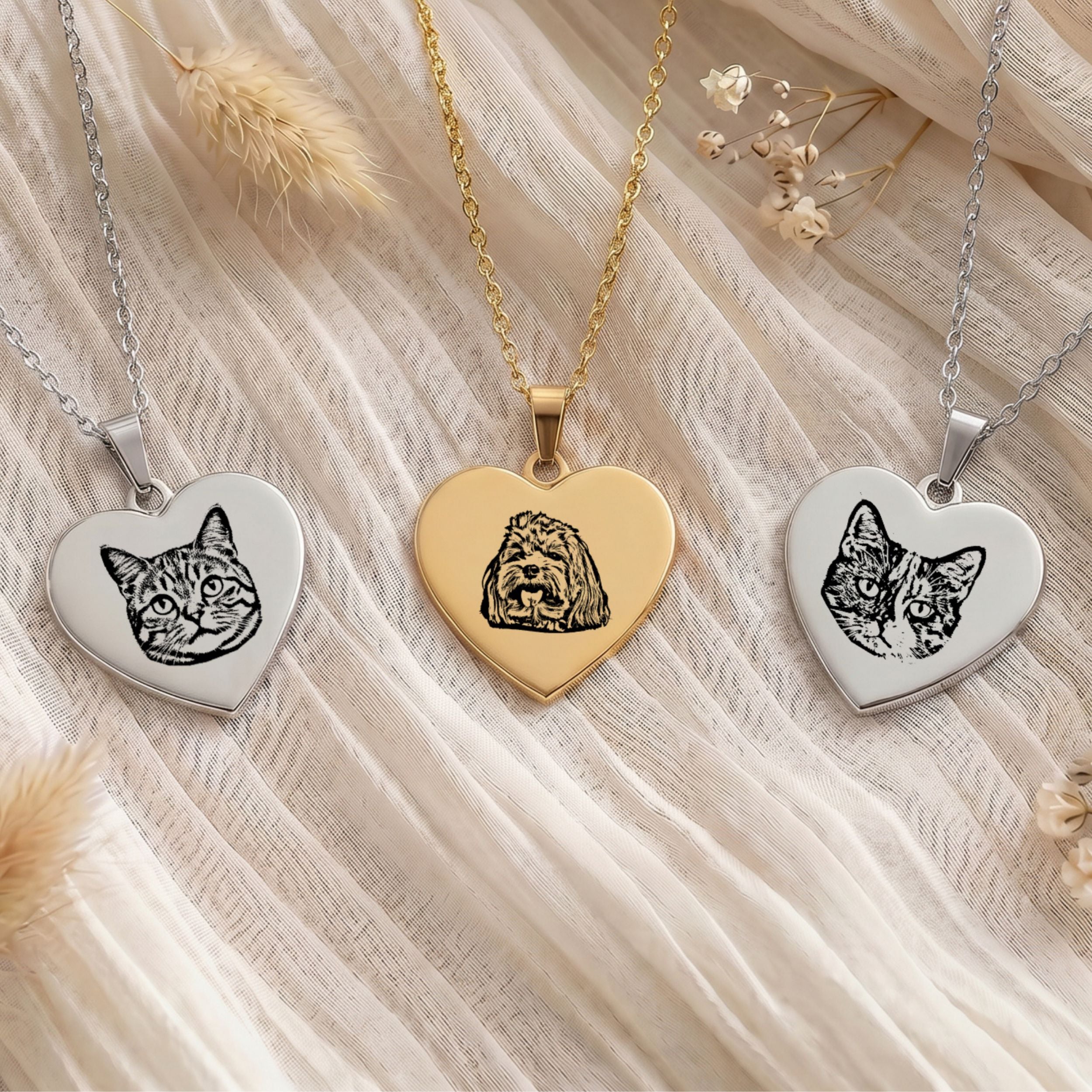 Custom Pet Engraved Sketch Heart Necklace - Pet Face