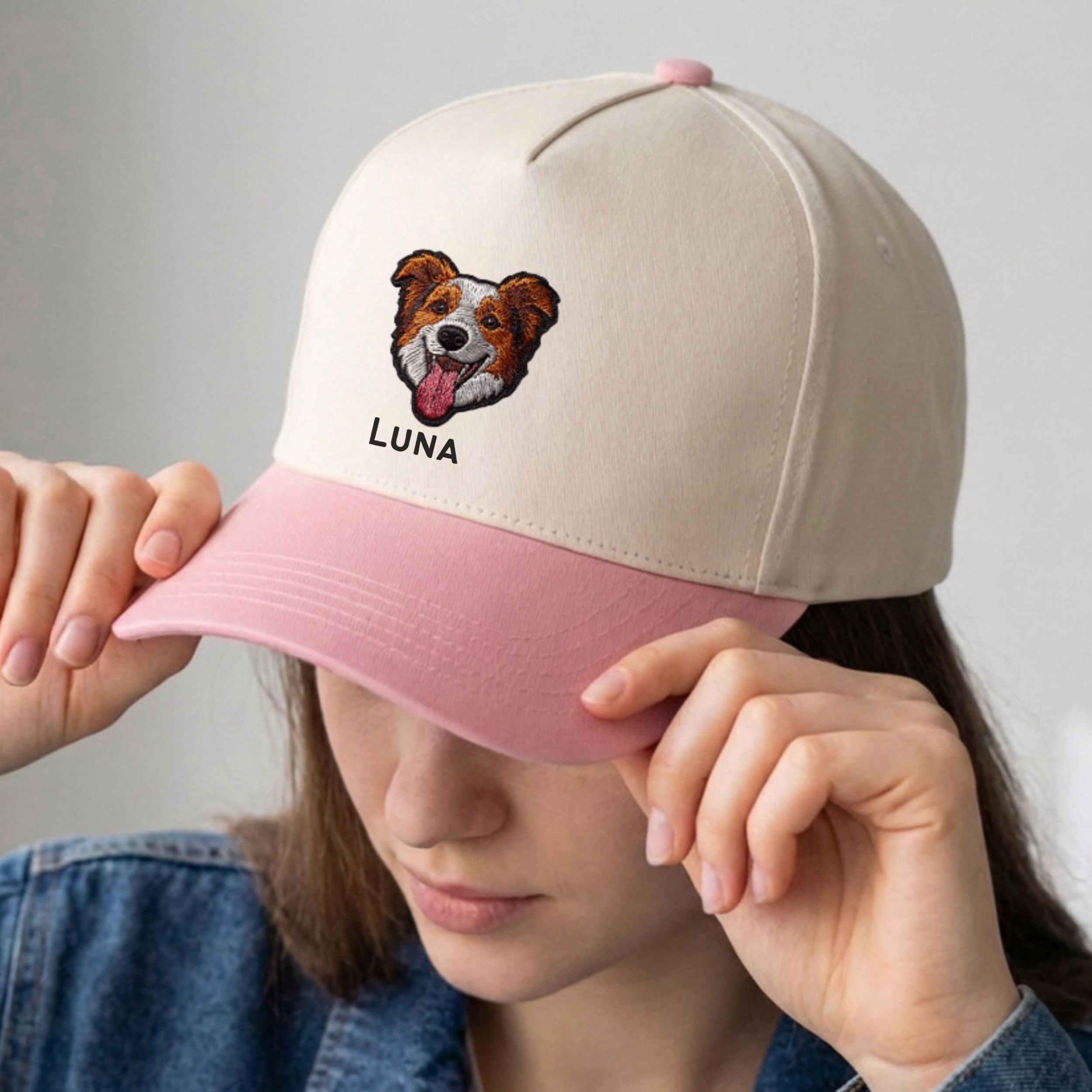 Custom Embroidered Pet Two-Tone 5 Panel Cap Using Pet Photo + Name
