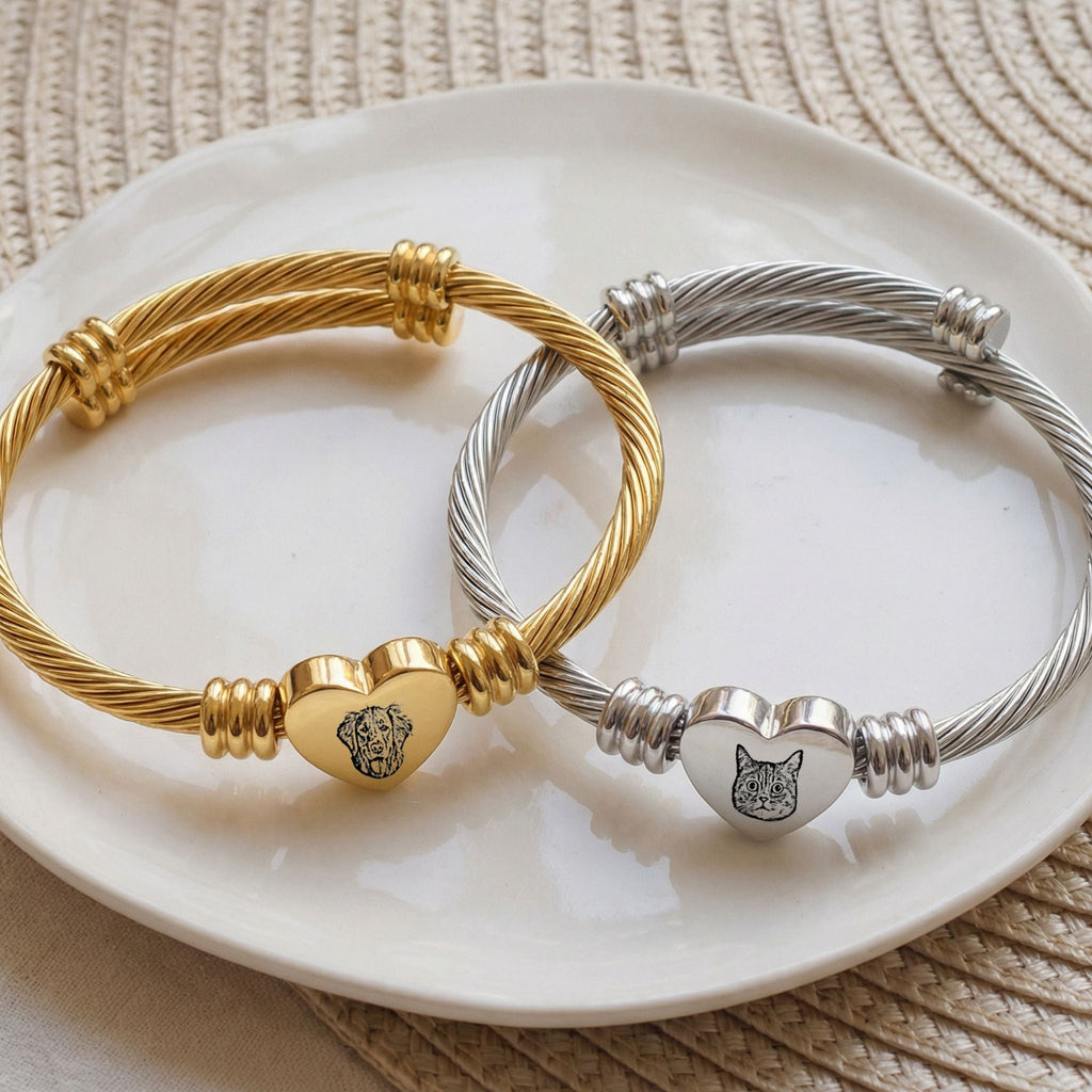 Custom Pet Heart Cuff Engraved Bracelet - Pet Face