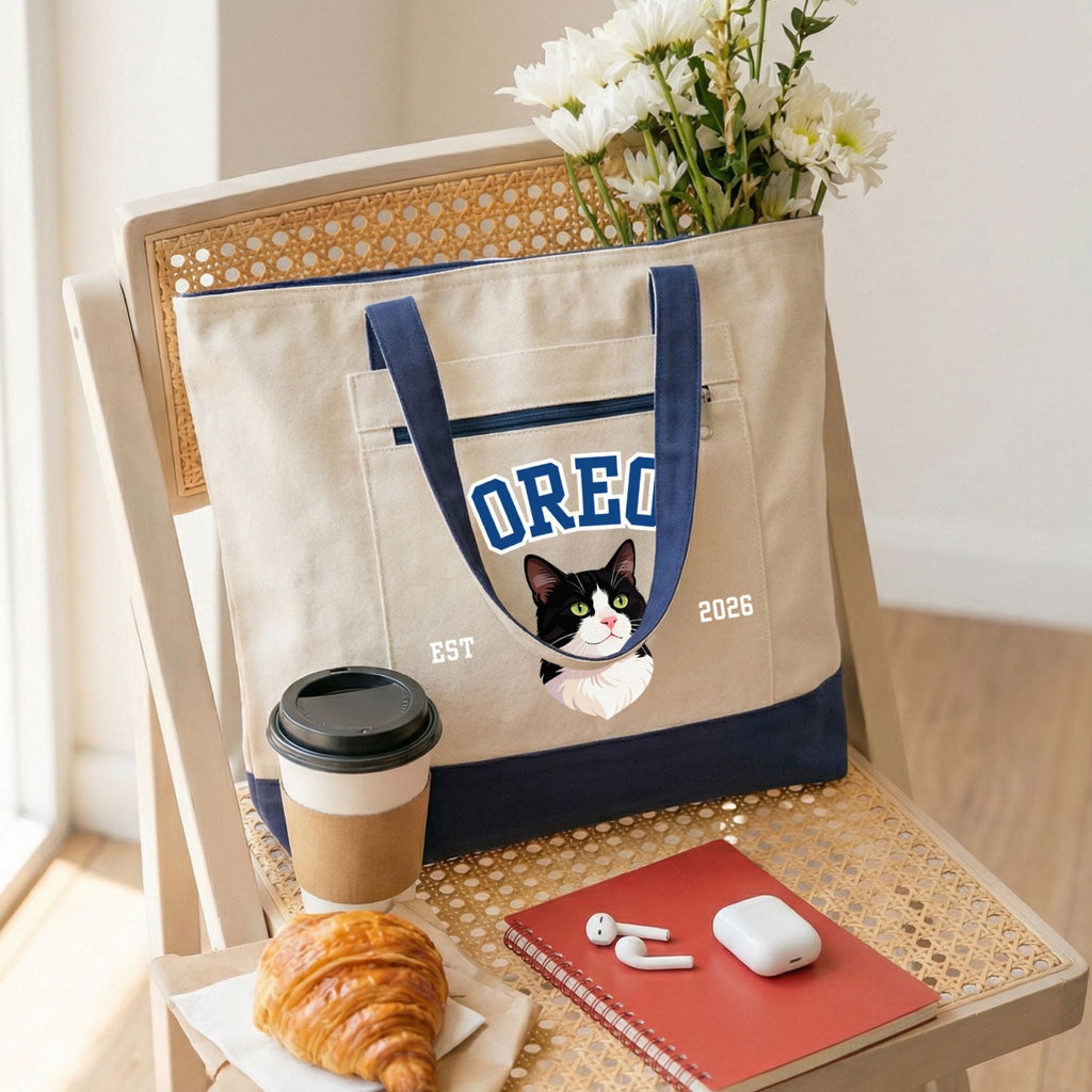 Custom Pet Zippered Varsity Tote Bag - Pet Photo + Name
