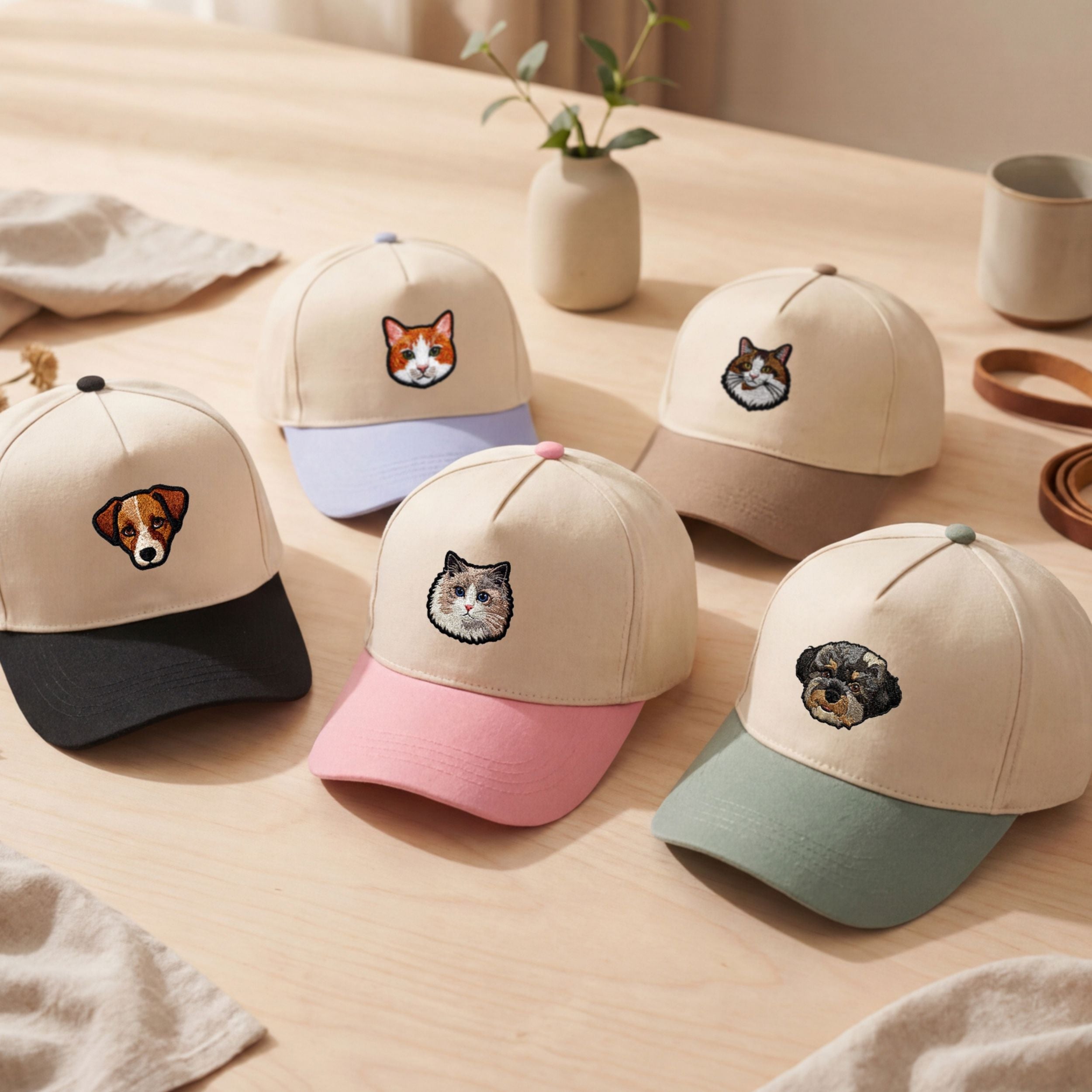 Custom Embroidered Pet Two-Tone 5 Panel Cap Using Pet Photo + Name