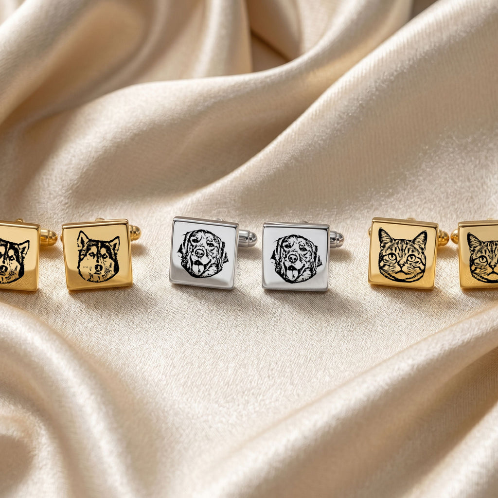 Custom Pet Photo Engraved Sketch Cufflinks Using Photo - Pet Face