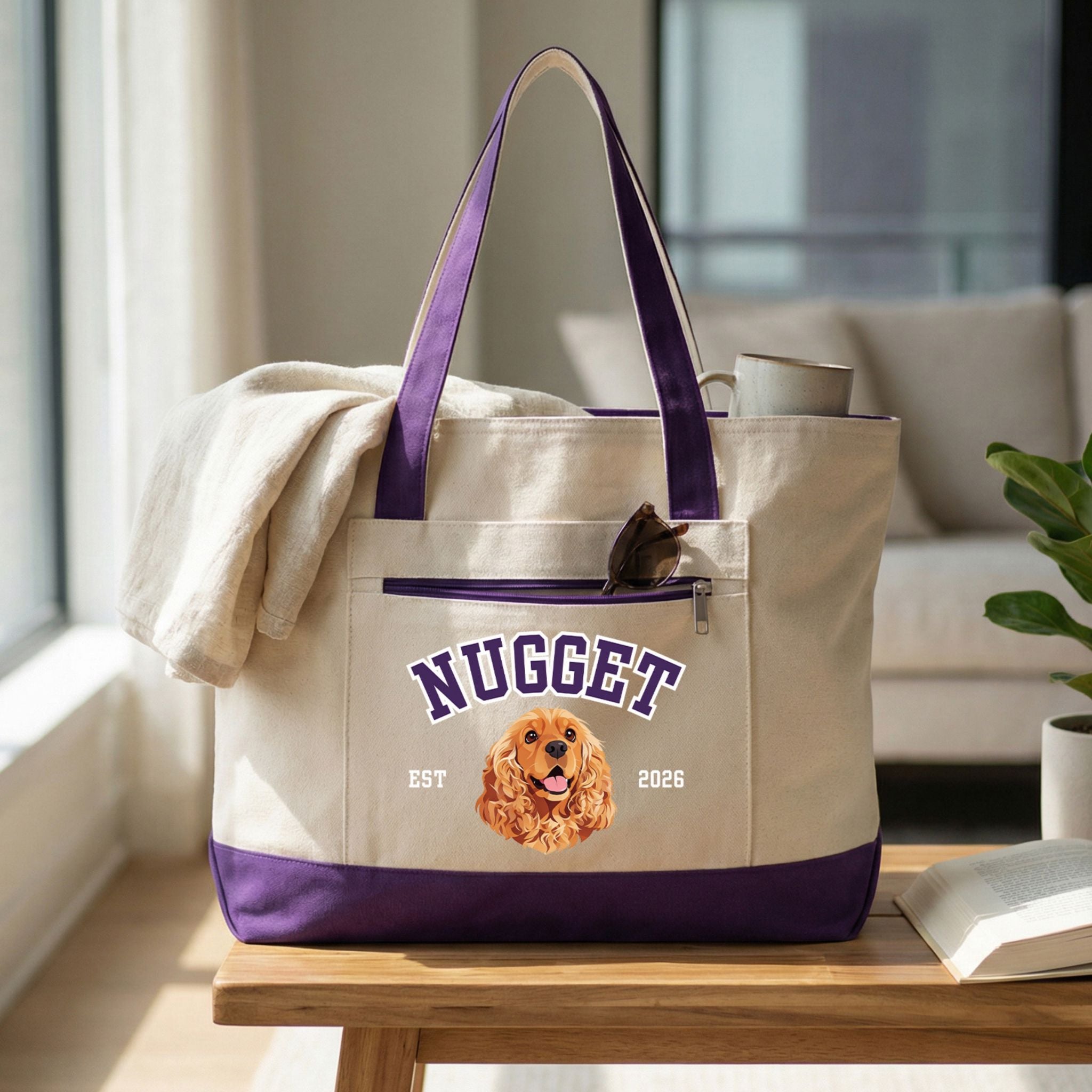 Custom Pet Zippered Varsity Tote Bag - Pet Photo + Name
