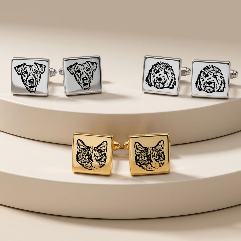 Custom Pet Photo Engraved Sketch Cufflinks Using Photo - Pet Face