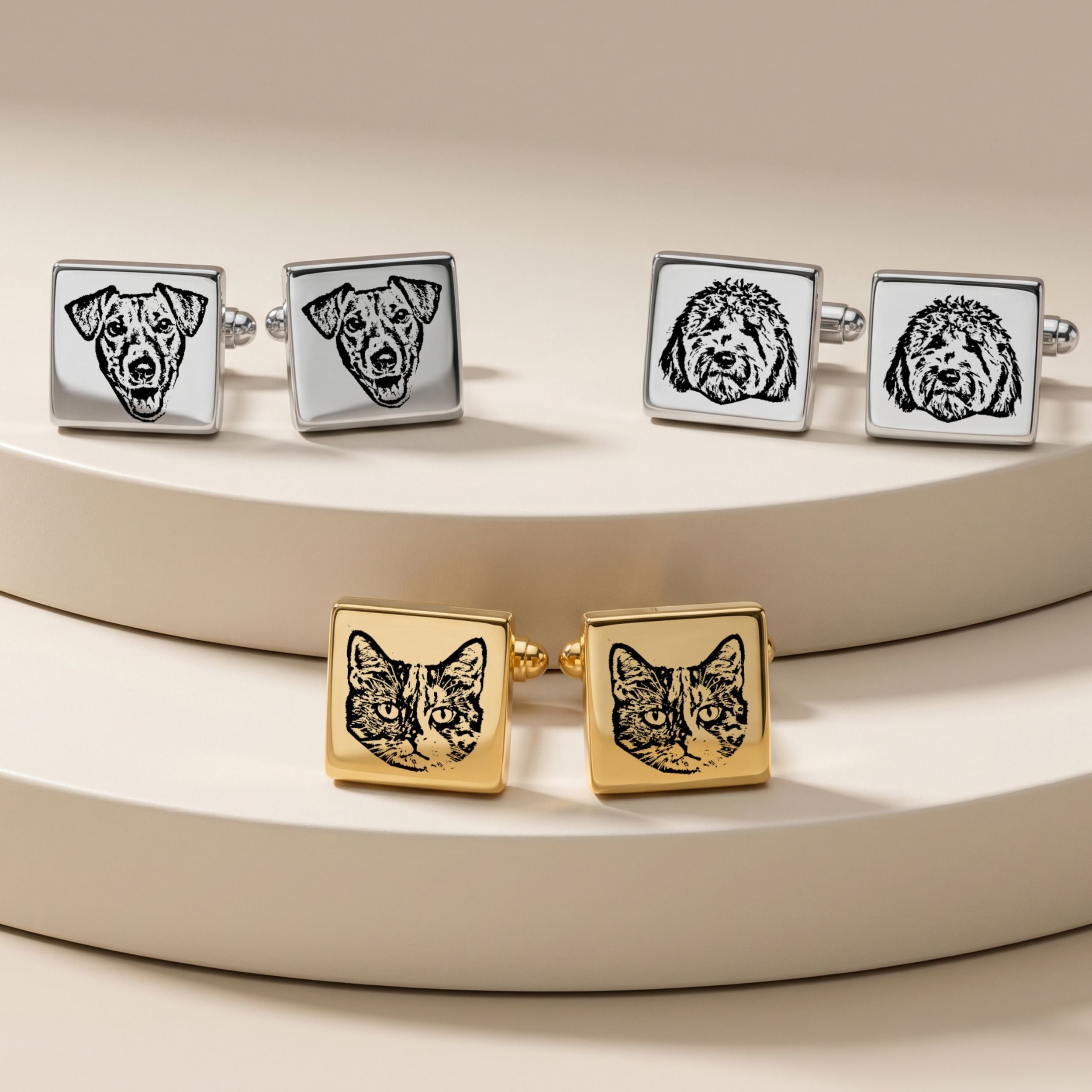 Custom Pet Photo Engraved Sketch Cufflinks Using Photo - Pet Face