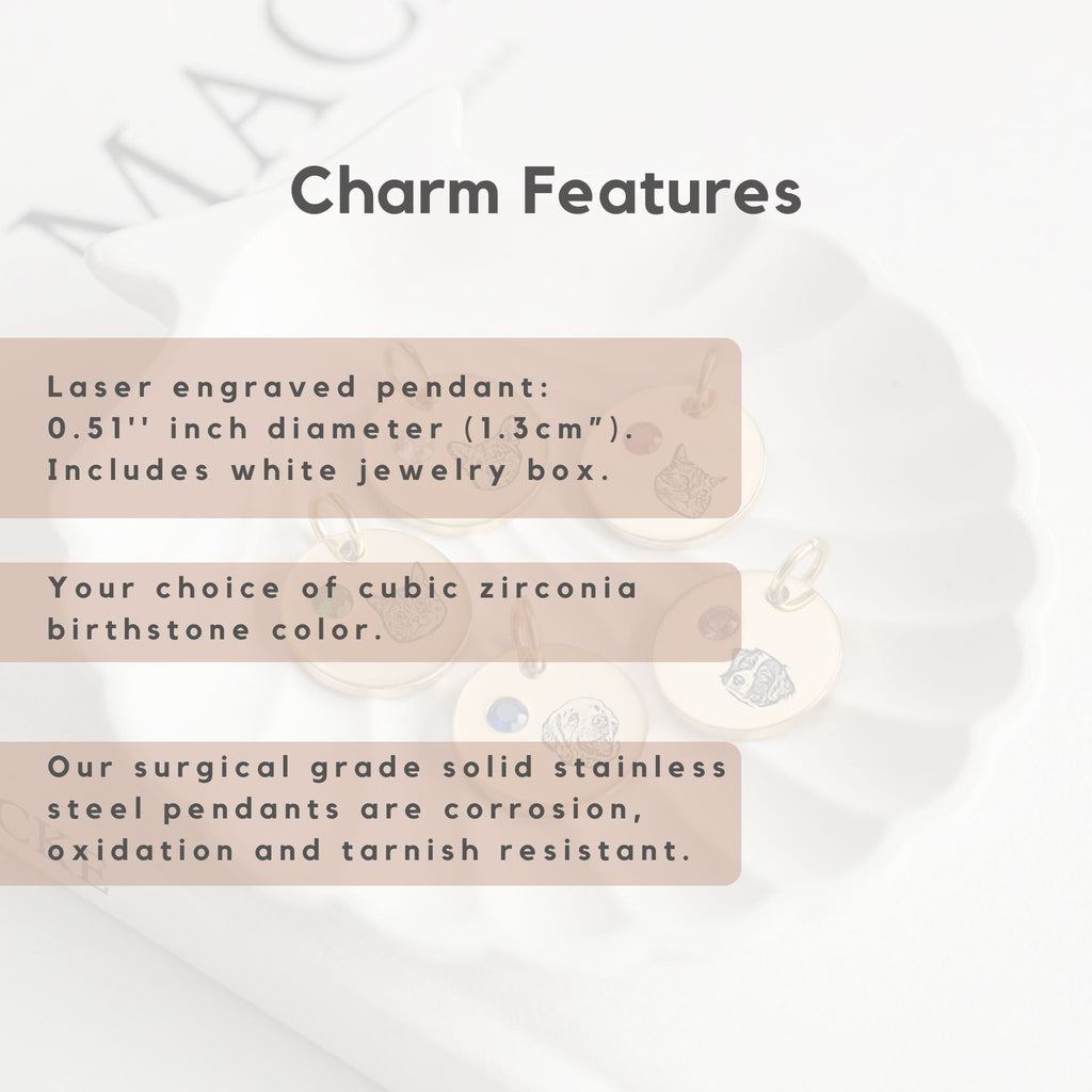 Custom Birthstone Circle Pet Charm Engraved Pendant - Pet Face