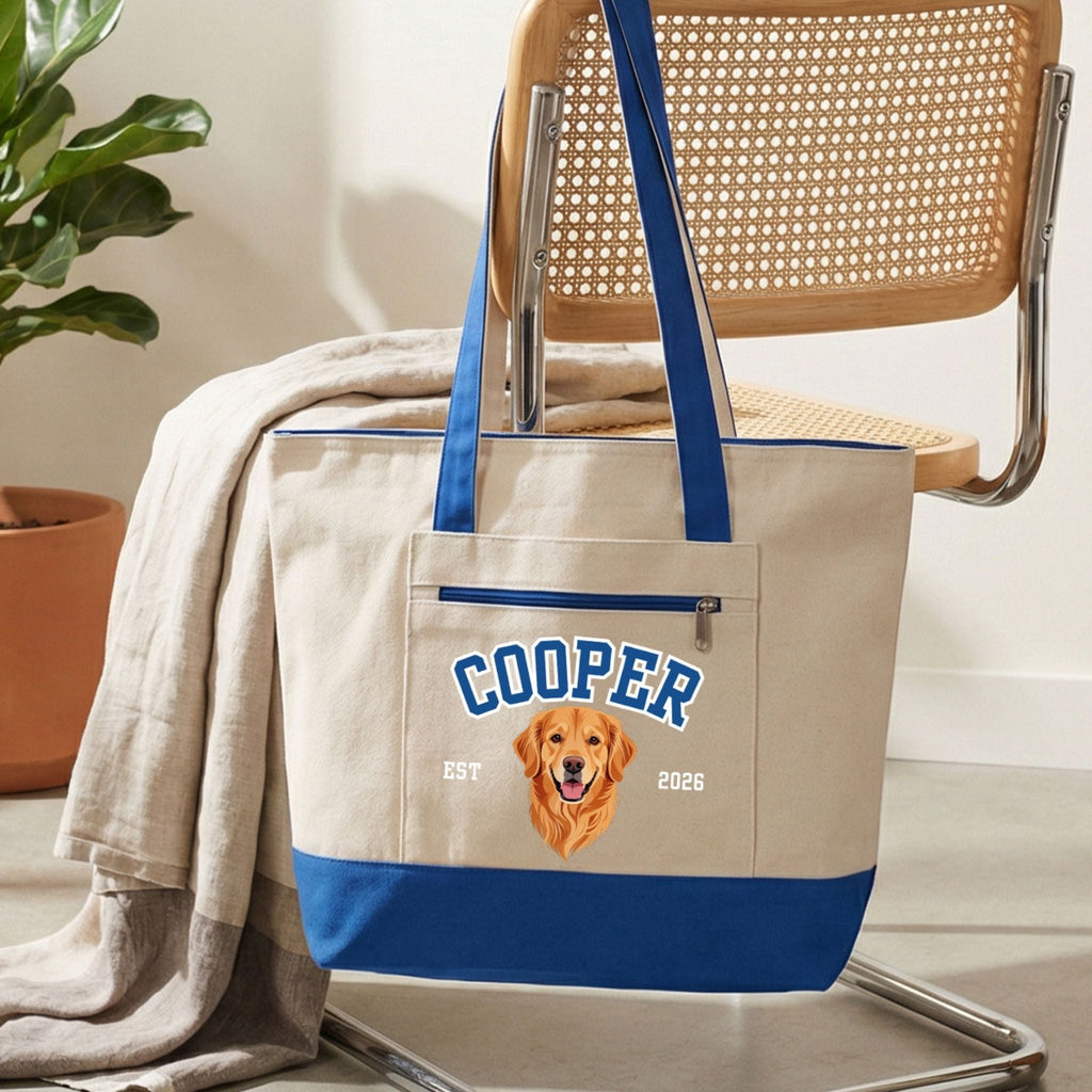 Custom Pet Zippered Varsity Tote Bag - Pet Photo + Name
