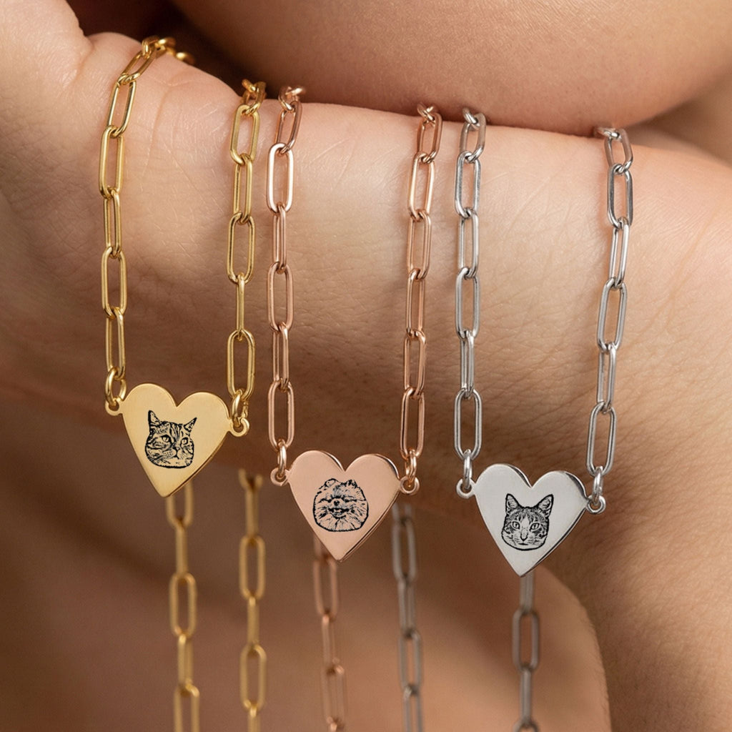 Custom Pet Paperclip Heart Engraved Necklace - Pet Face
