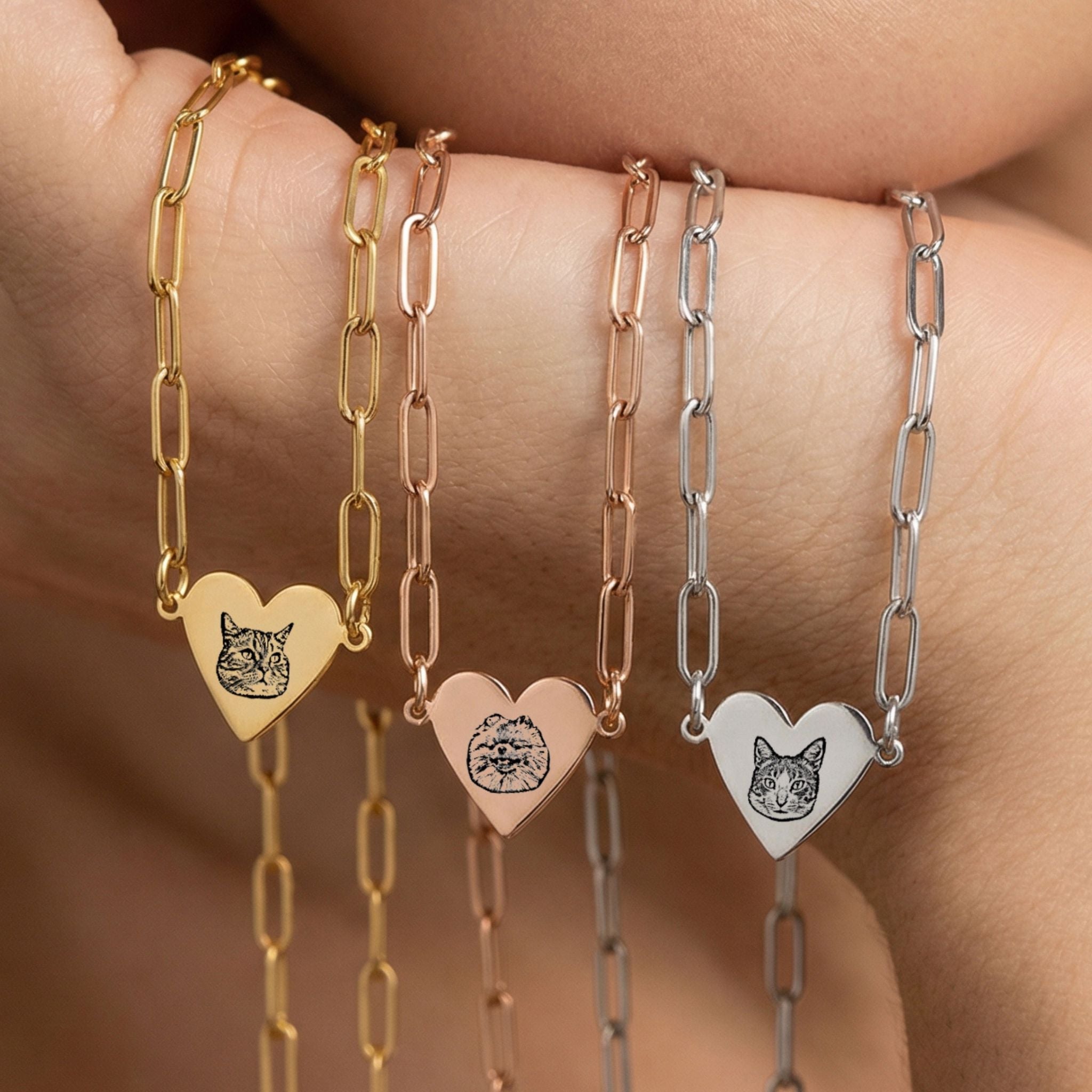Custom Pet Paperclip Heart Engraved Necklace - Pet Face