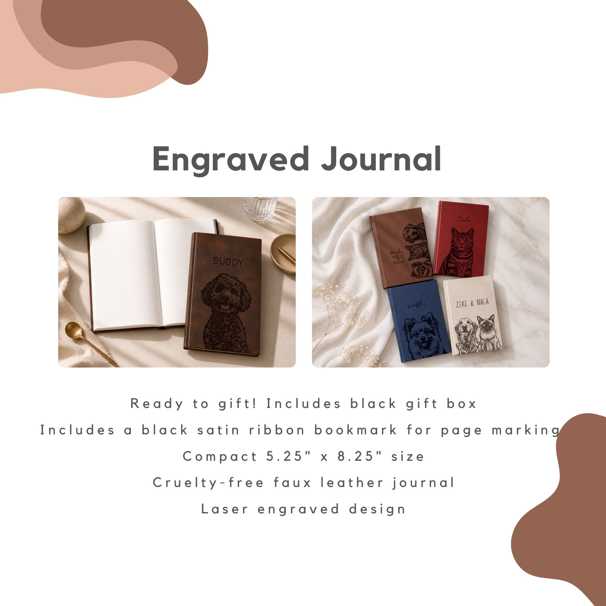 Custom Pet Engraved Vegan Leather Journal with Pet Photo + Name