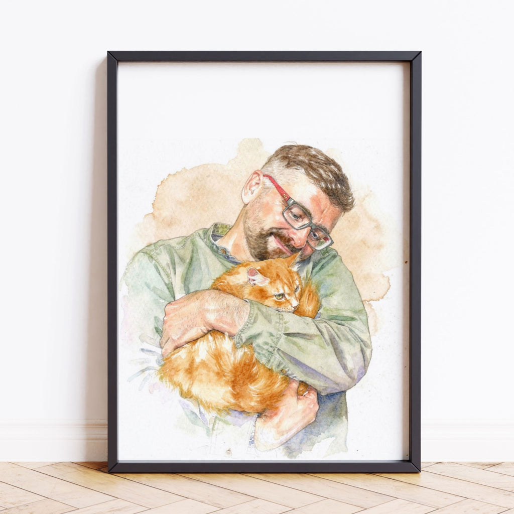 Custom Watercolor Father's Day Pet Portrait - Man + Pet Photo