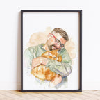 Custom Watercolor Father's Day Pet Portrait - Man + Pet Photo