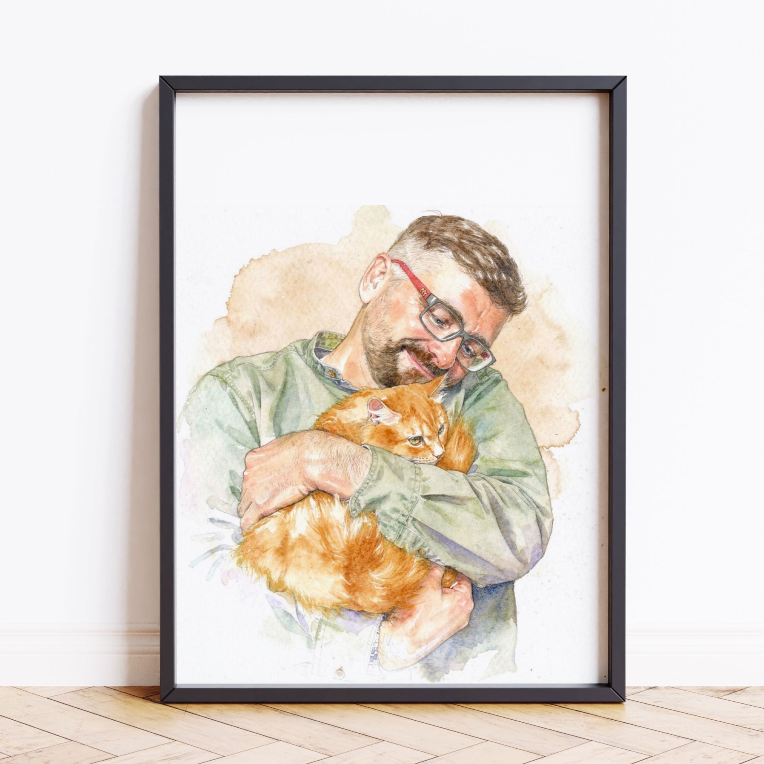 Custom Watercolor Father's Day Pet Portrait - Man + Pet Photo