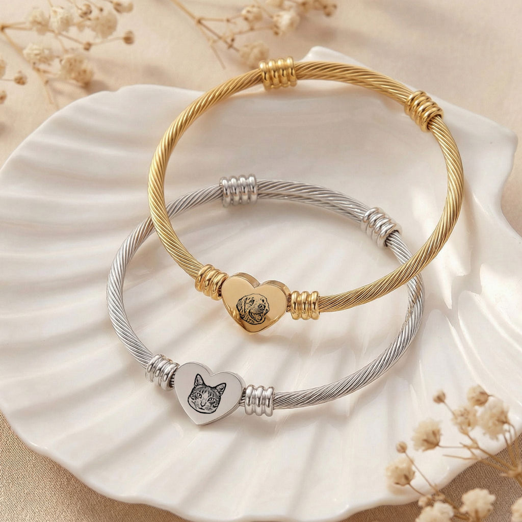 Custom Pet Heart Cuff Engraved Bracelet - Pet Face