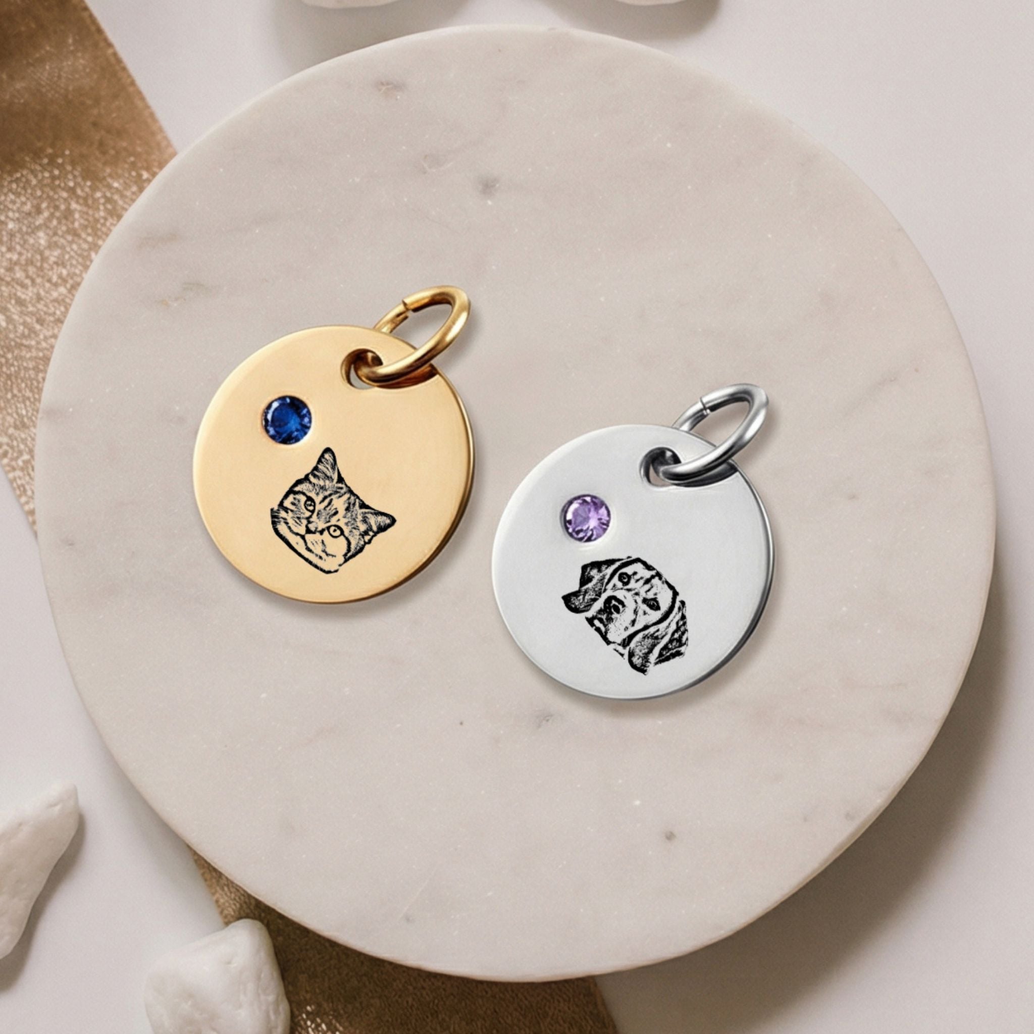 Custom Birthstone Circle Pet Charm Engraved Pendant - Pet Face