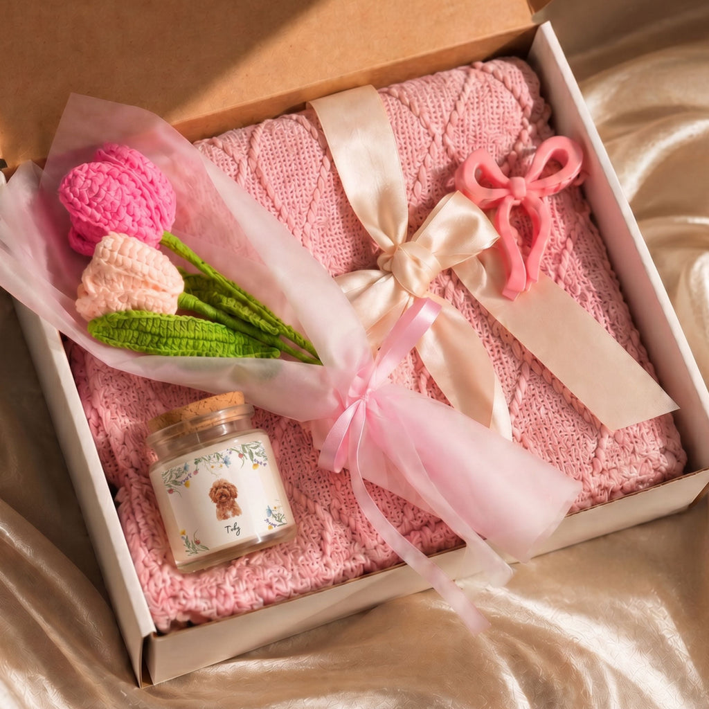 Custom Watercolor Floral Pet Memorial Gift Box with Candle & Blanket