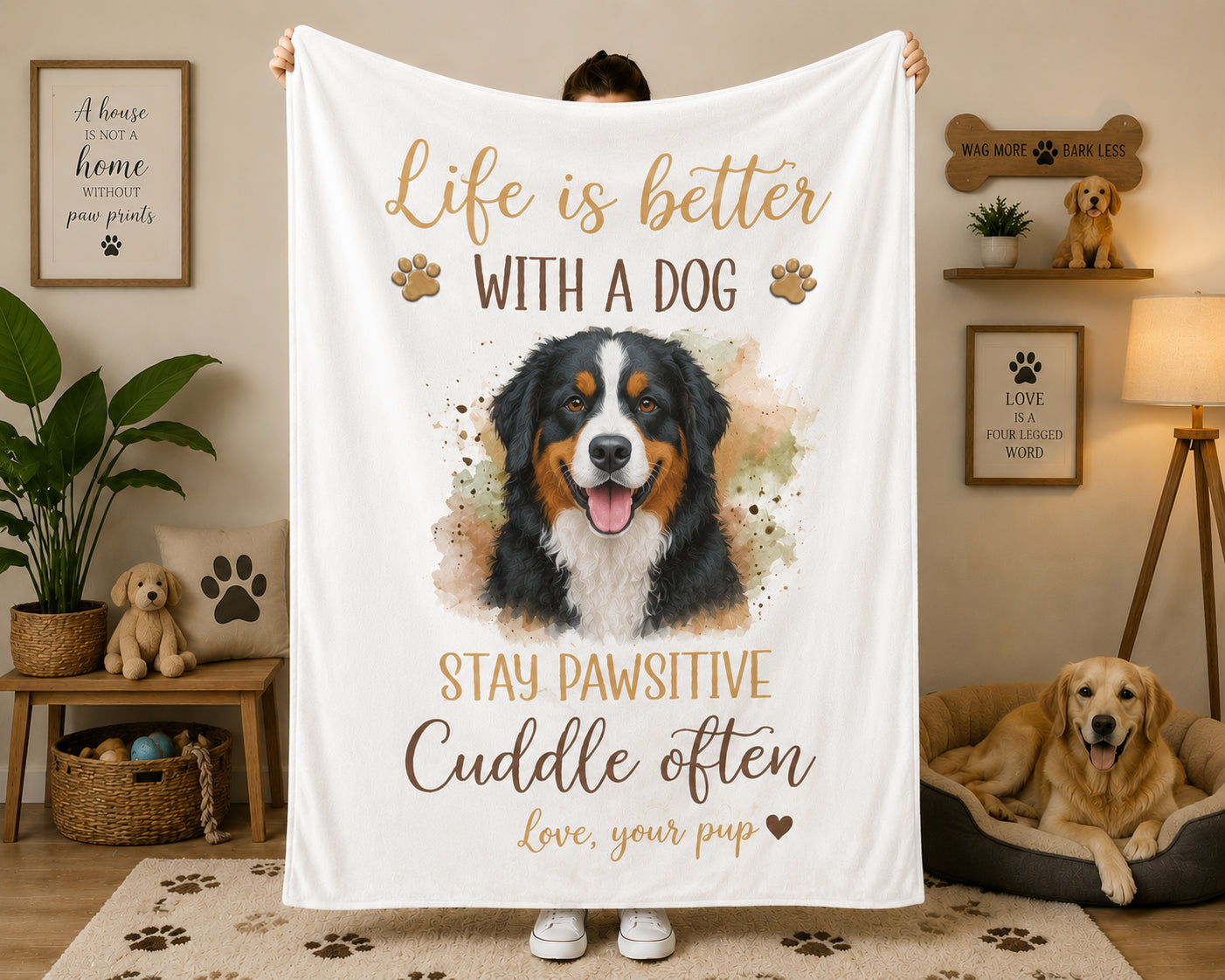 Sherpa Blanket — "Life Is Better With A Dog" Pawsvitive Cuddle Throw (Dog Lover Gift)