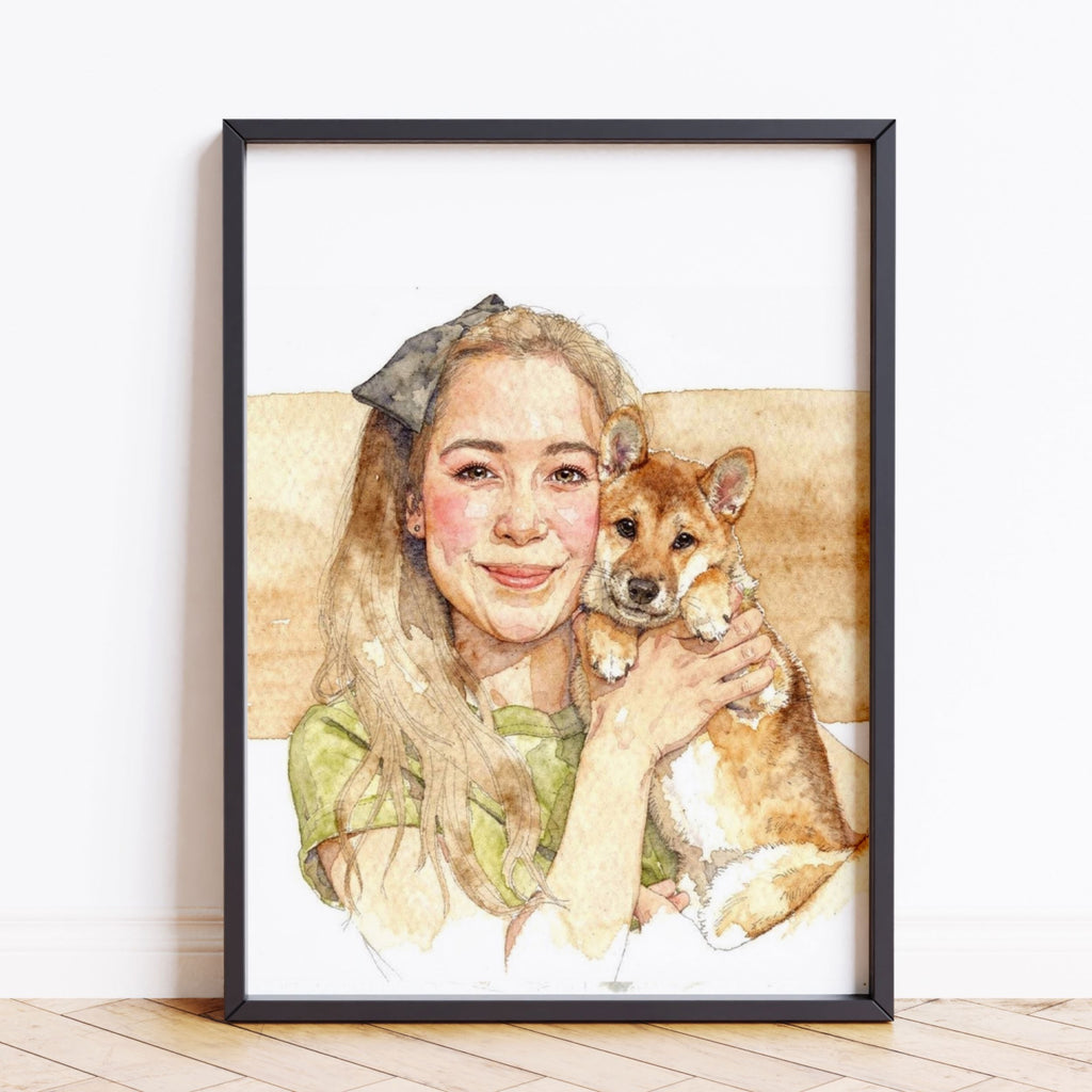 Custom Watercolor Mother's Day Pet Portrait - Woman + Pet Photo