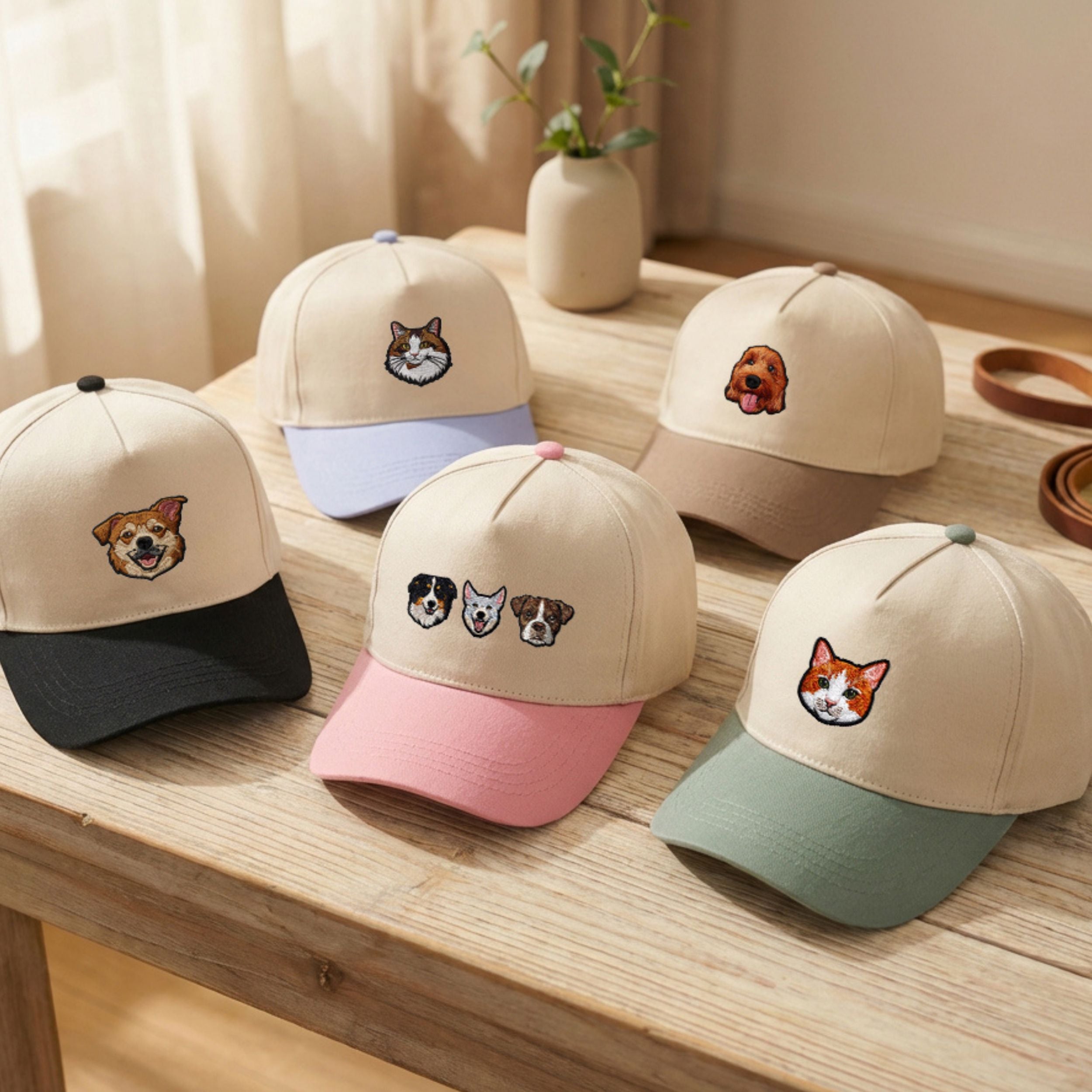 Custom Embroidered Pet Two-Tone 5 Panel Cap Using Pet Photo + Name