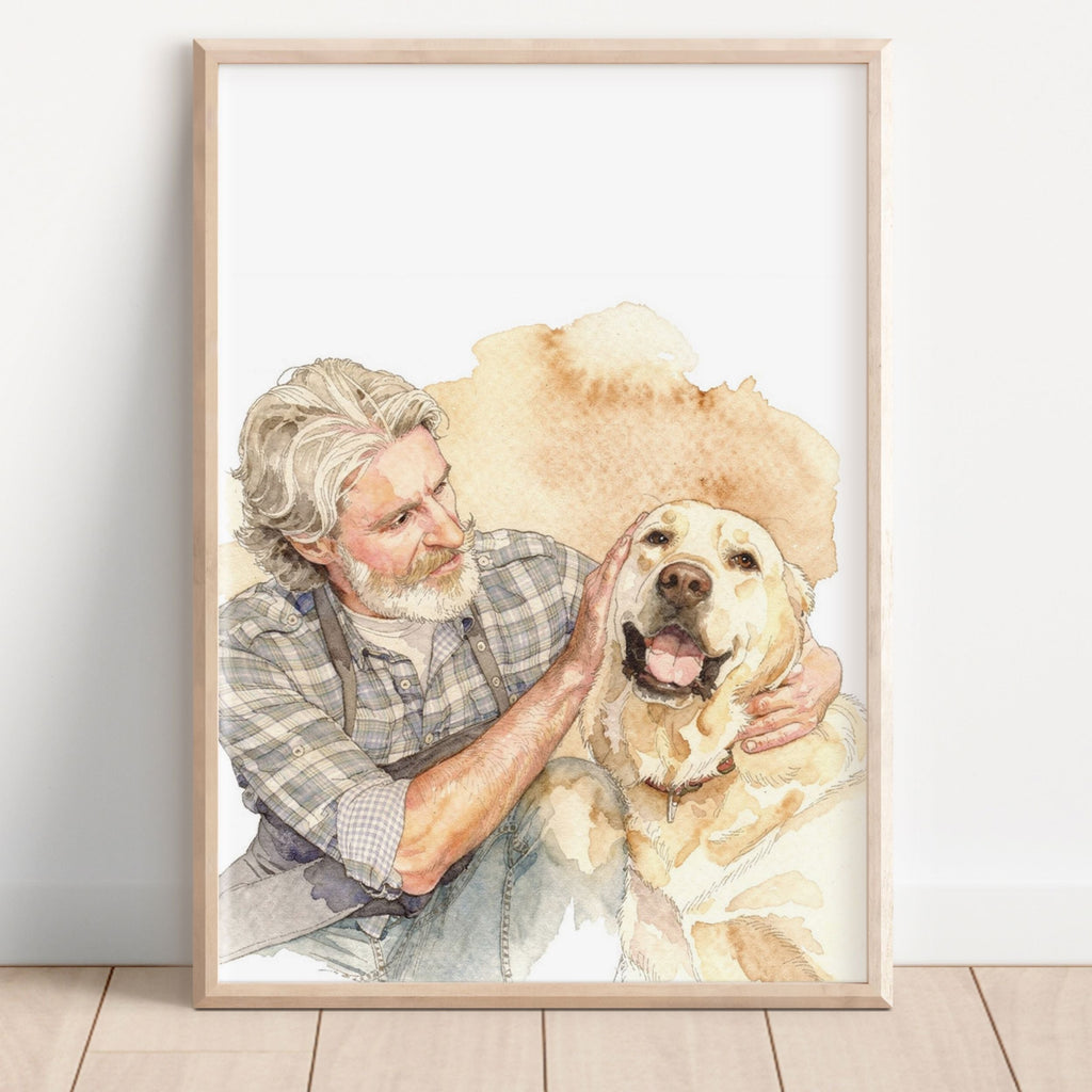 Custom Watercolor Father's Day Pet Portrait - Man + Pet Photo
