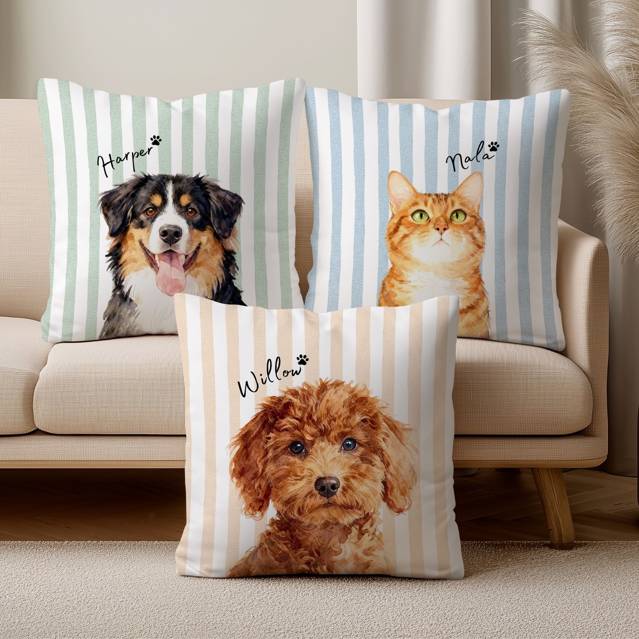 Custom Pet Striped Pillow - Pet Photo + Name