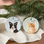 Custom Watercolor Striped Pet Ornament - Pet Photo + Name