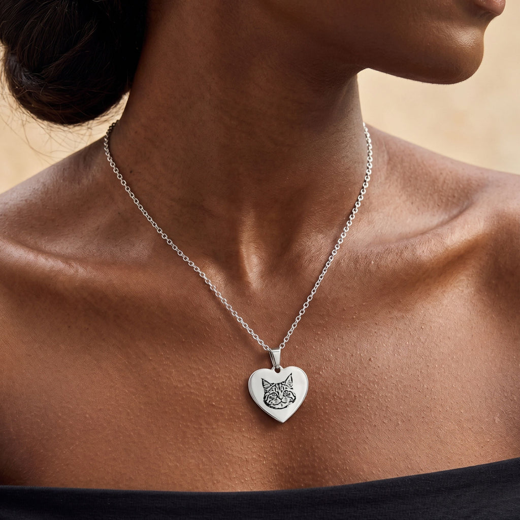 Custom Pet Engraved Sketch Heart Necklace - Pet Face