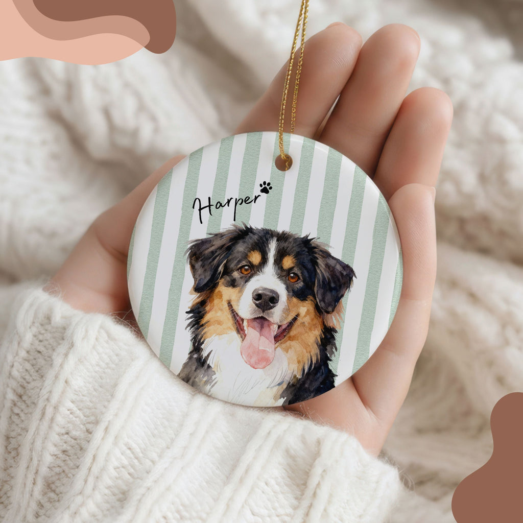 Custom Watercolor Striped Pet Ornament - Pet Photo + Name