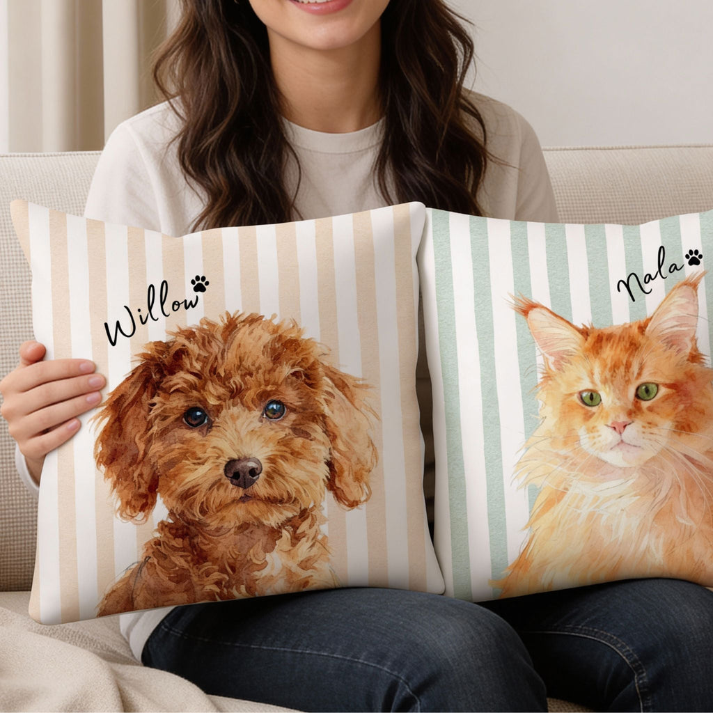 Custom Pet Striped Pillow - Pet Photo + Name