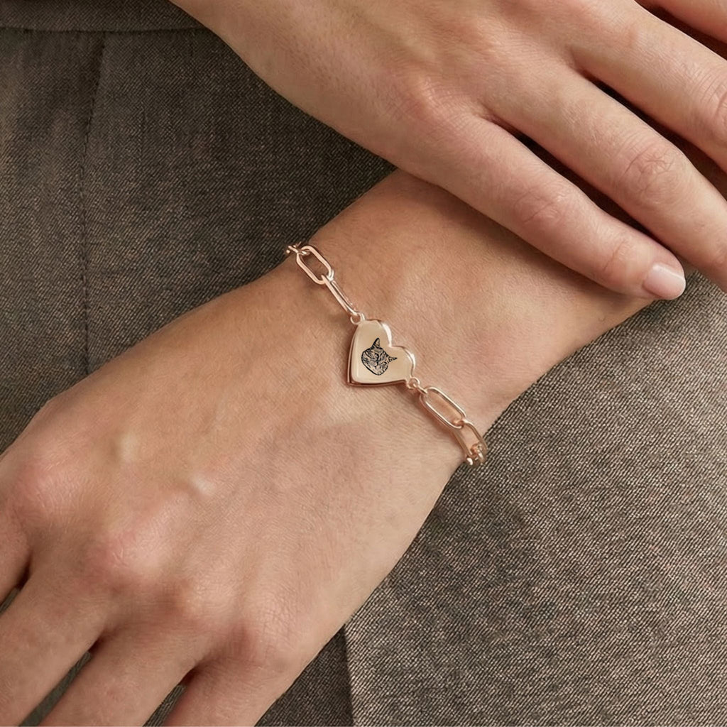 Custom Pet Paperclip Heart Engraved Bracelet - Pet Face