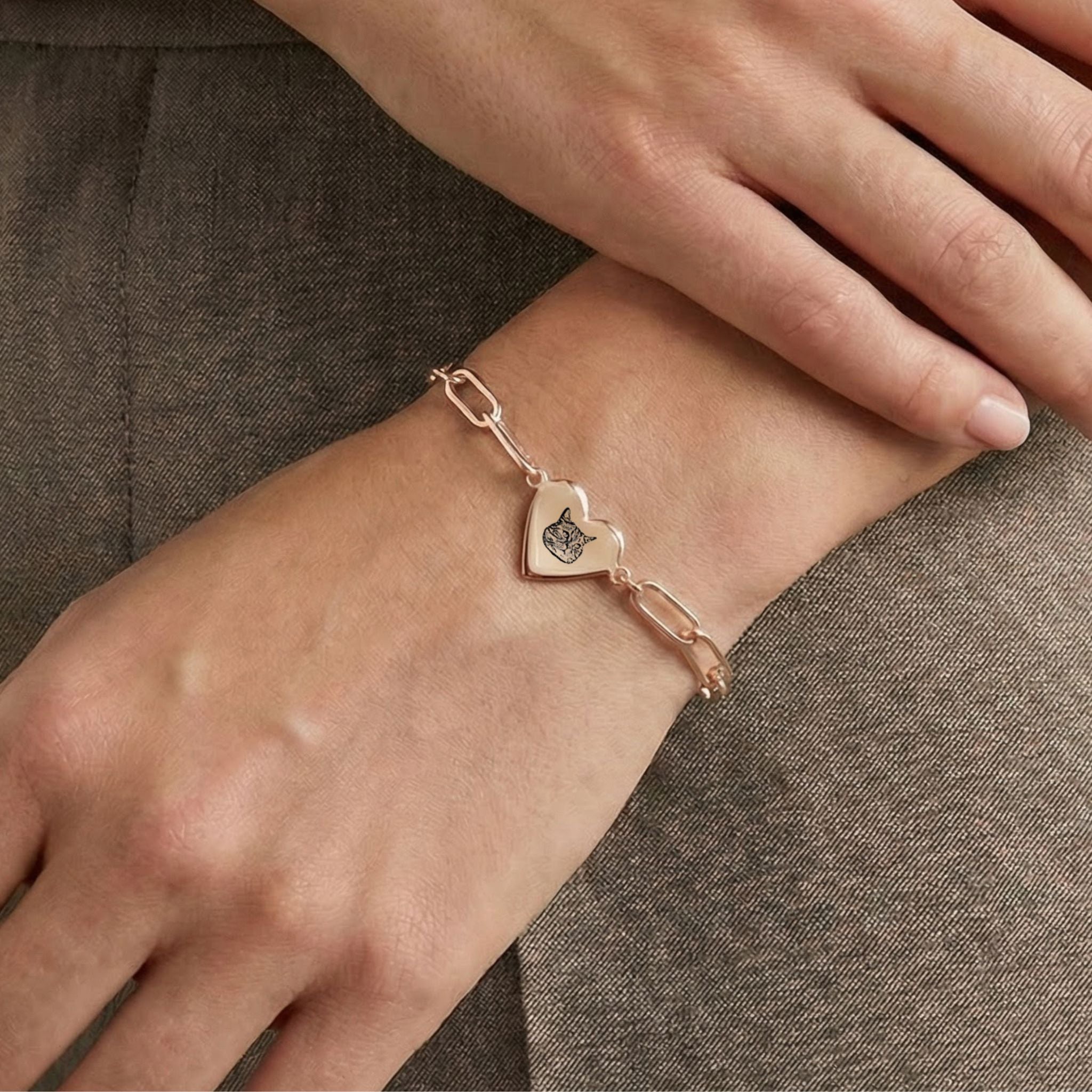 Custom Pet Paperclip Heart Engraved Bracelet - Pet Face