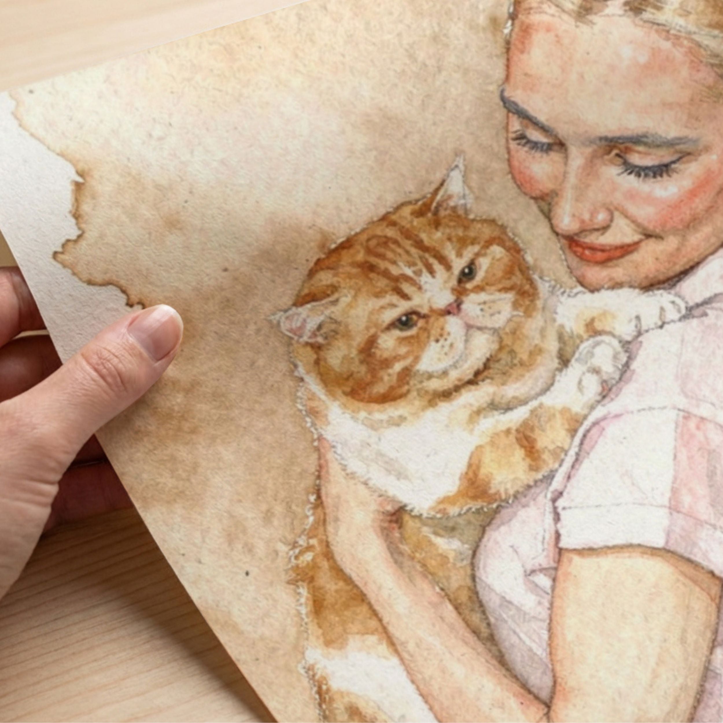 Custom Watercolor Mother's Day Pet Portrait - Woman + Pet Photo