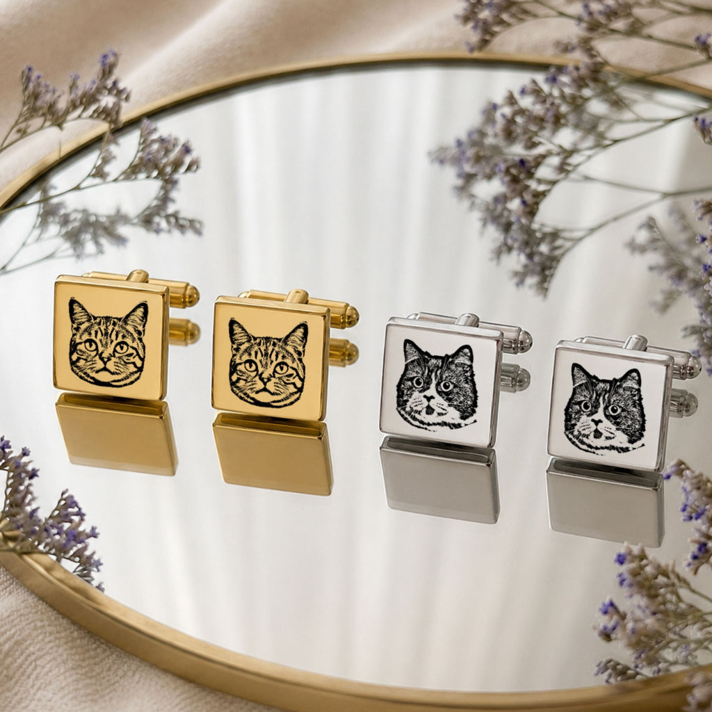 Custom Pet Photo Engraved Sketch Cufflinks Using Photo - Pet Face