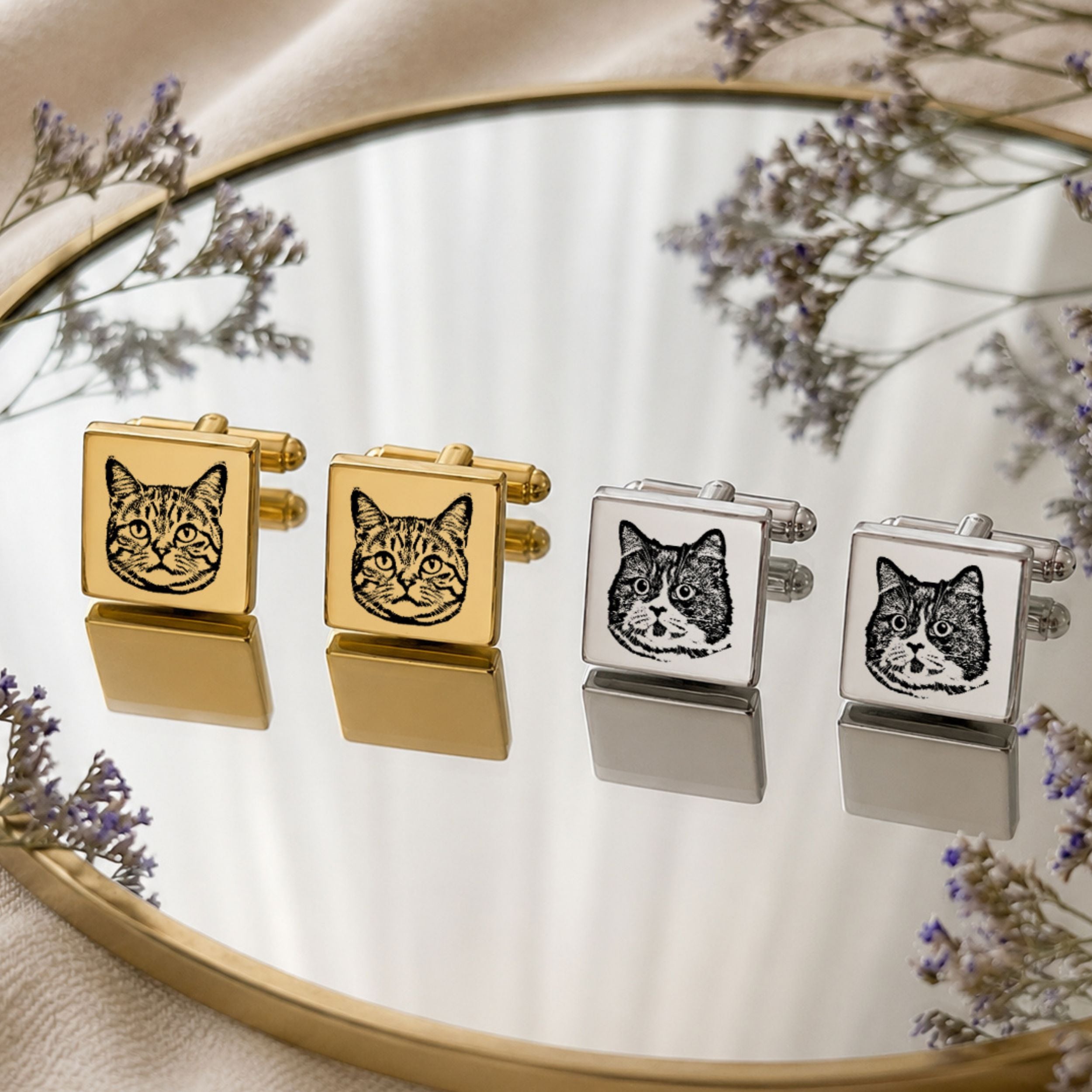 Custom Pet Photo Engraved Sketch Cufflinks Using Photo - Pet Face