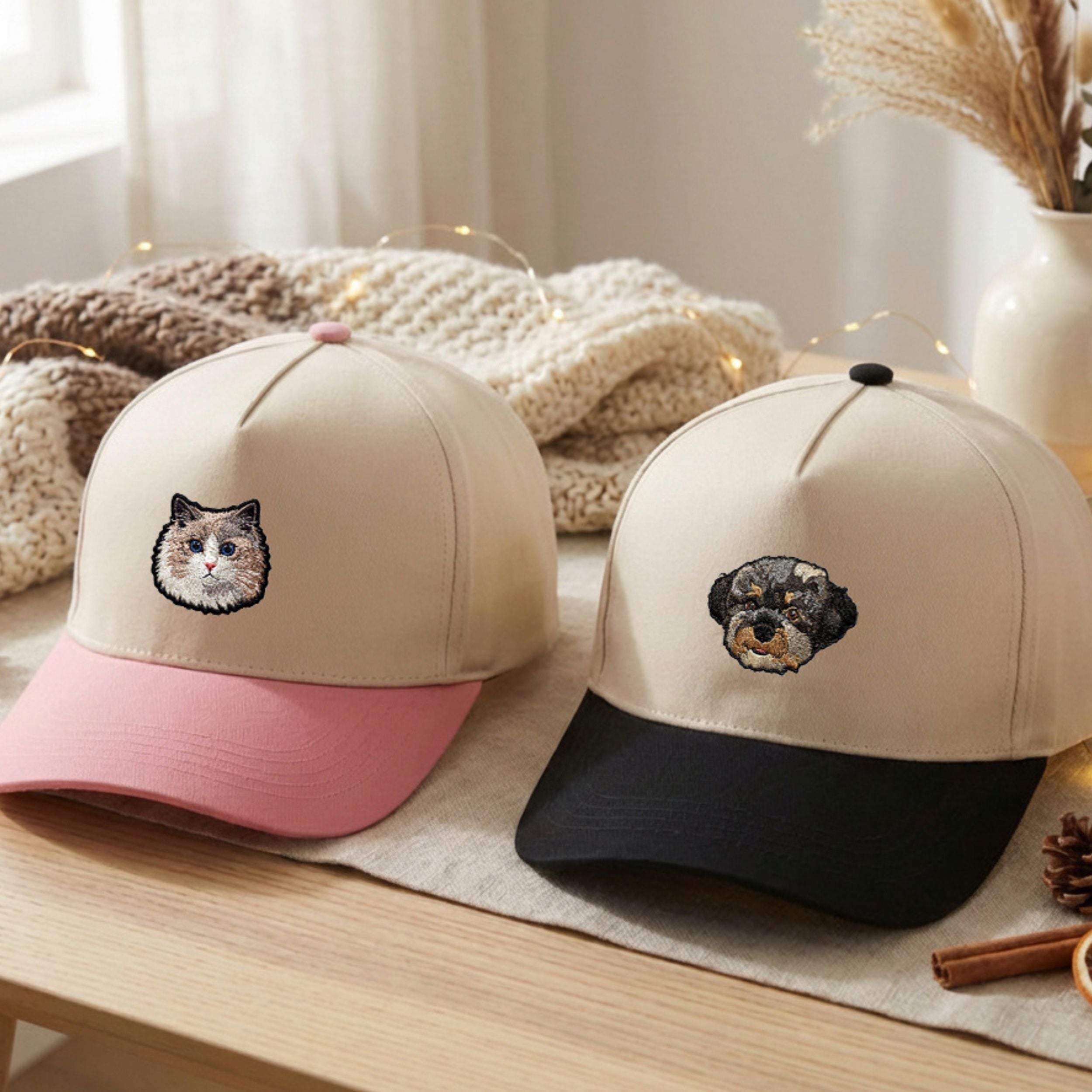 Custom Embroidered Pet Two-Tone 5 Panel Cap Using Pet Photo + Name