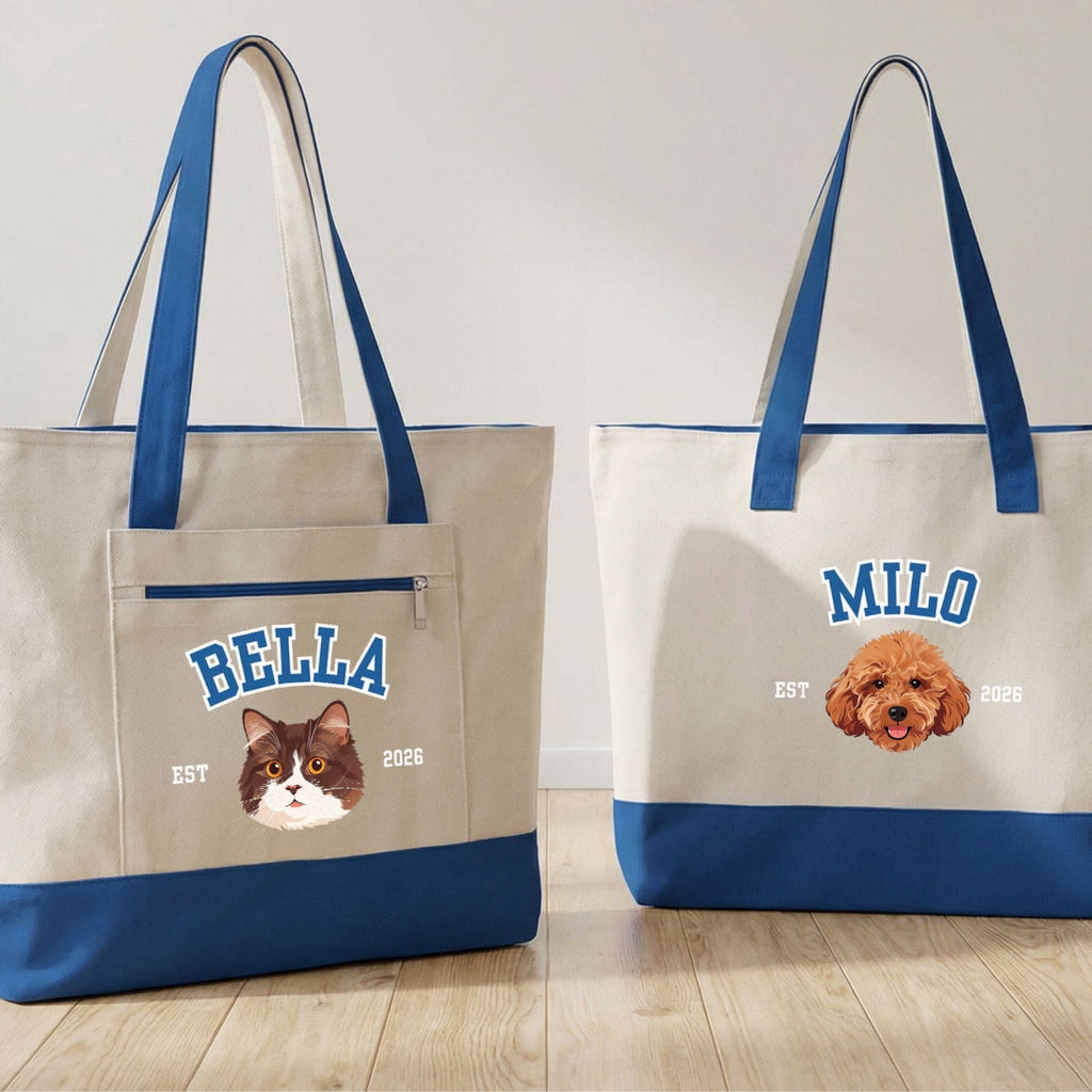 Custom Pet Zippered Varsity Tote Bag - Pet Photo + Name
