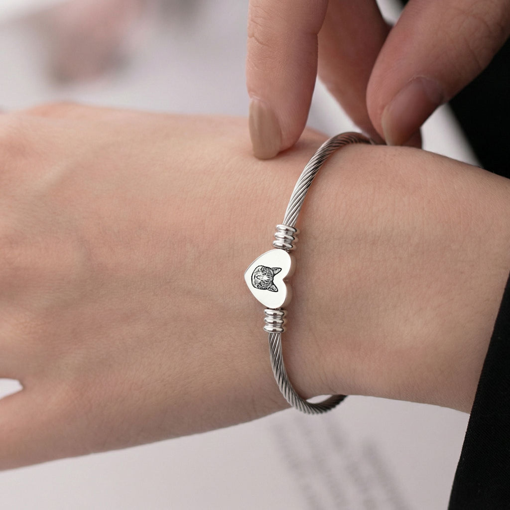 Custom Pet Heart Cuff Engraved Bracelet - Pet Face