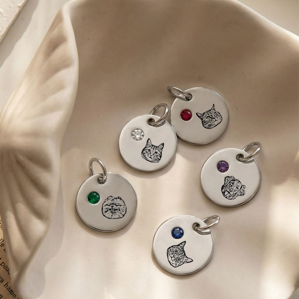Custom Birthstone Circle Pet Charm Engraved Pendant - Pet Face