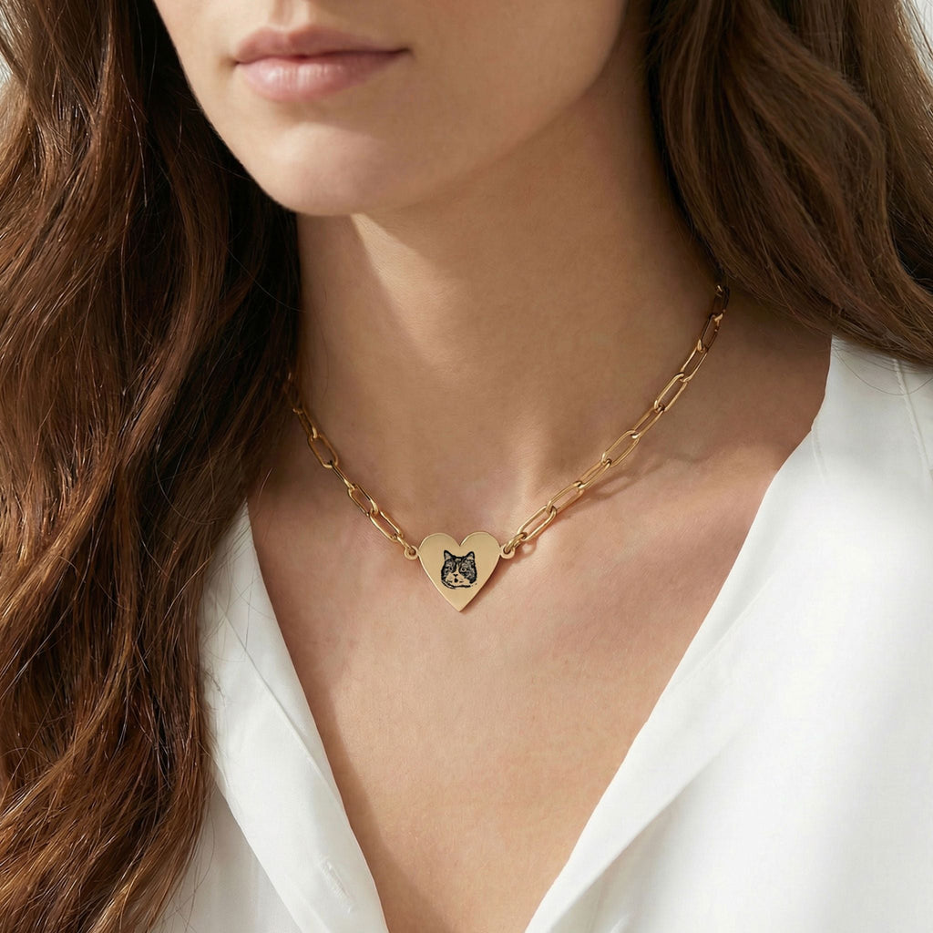 Custom Pet Paperclip Heart Engraved Necklace - Pet Face