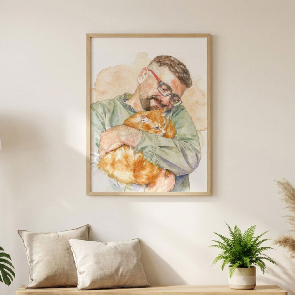 Custom Watercolor Father's Day Pet Portrait - Man + Pet Photo
