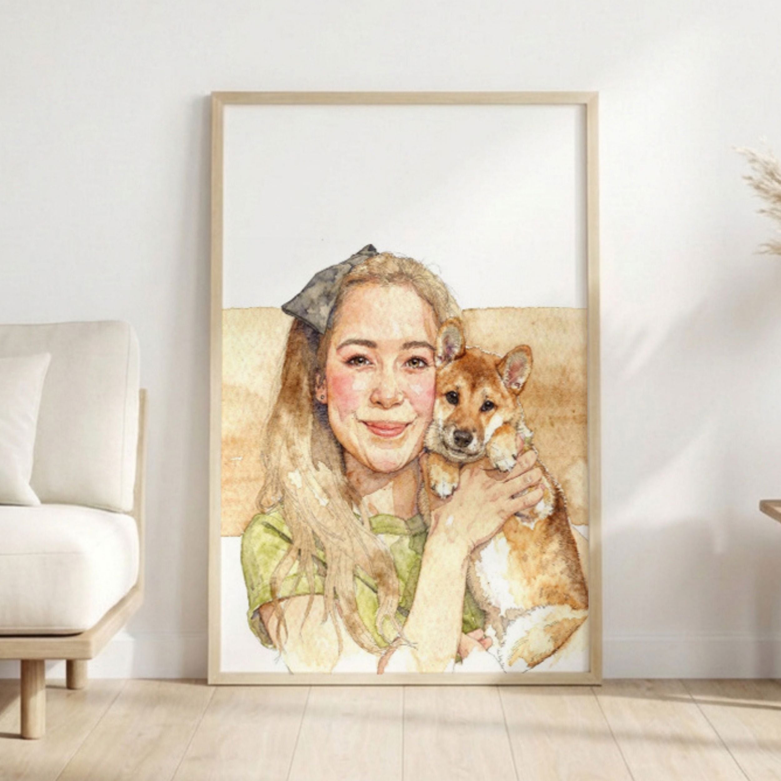 Custom Watercolor Mother's Day Pet Portrait - Woman + Pet Photo