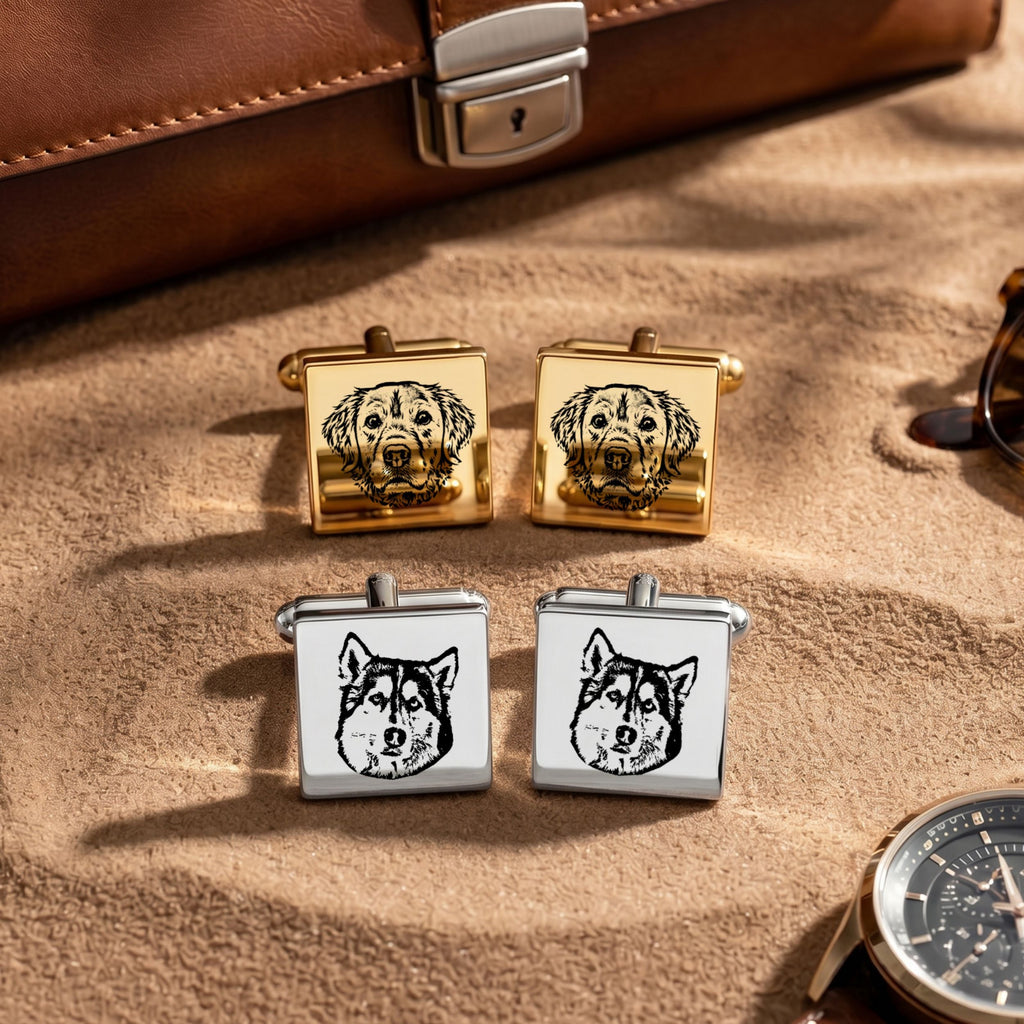 Custom Pet Photo Engraved Sketch Cufflinks Using Photo - Pet Face