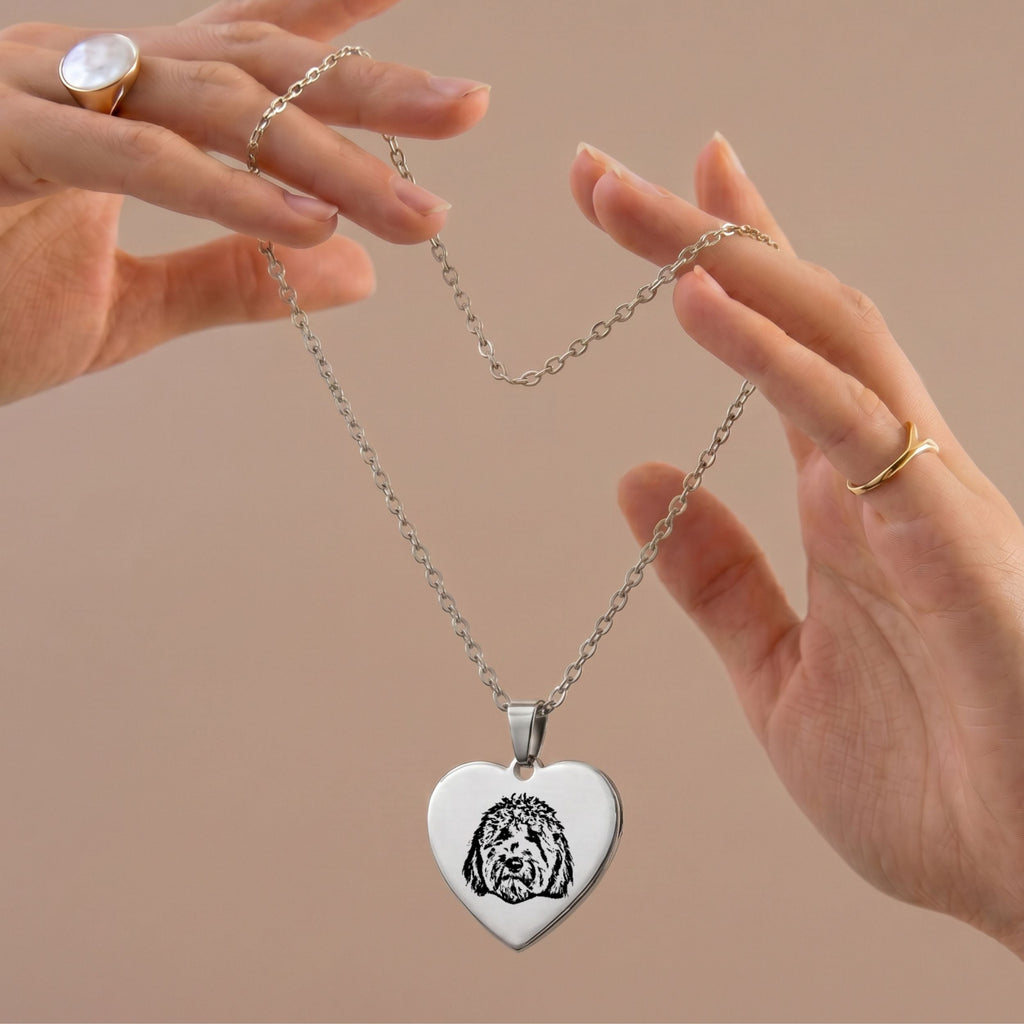 Custom Pet Engraved Sketch Heart Necklace - Pet Face