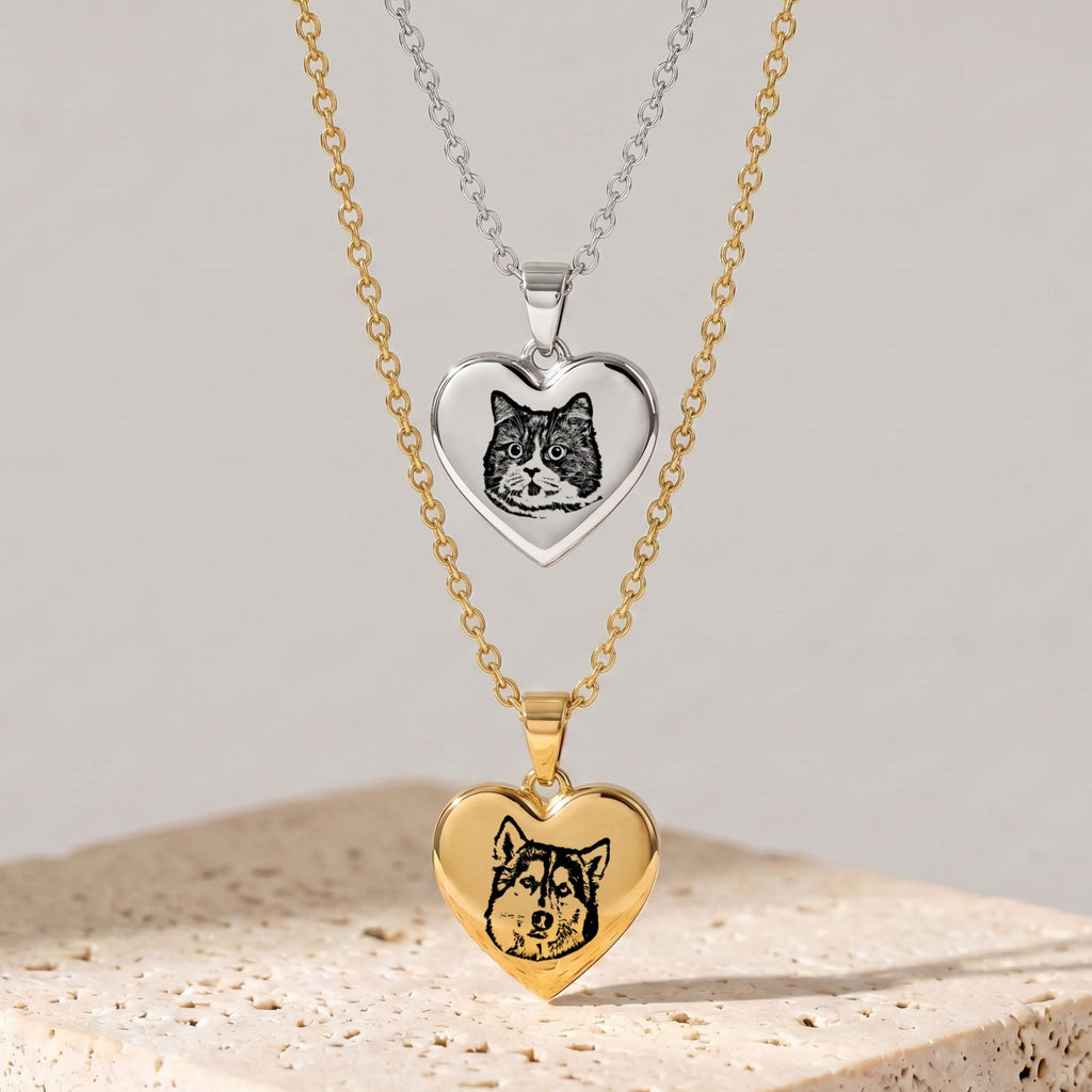 Custom Pet Engraved Sketch Heart Necklace - Pet Face