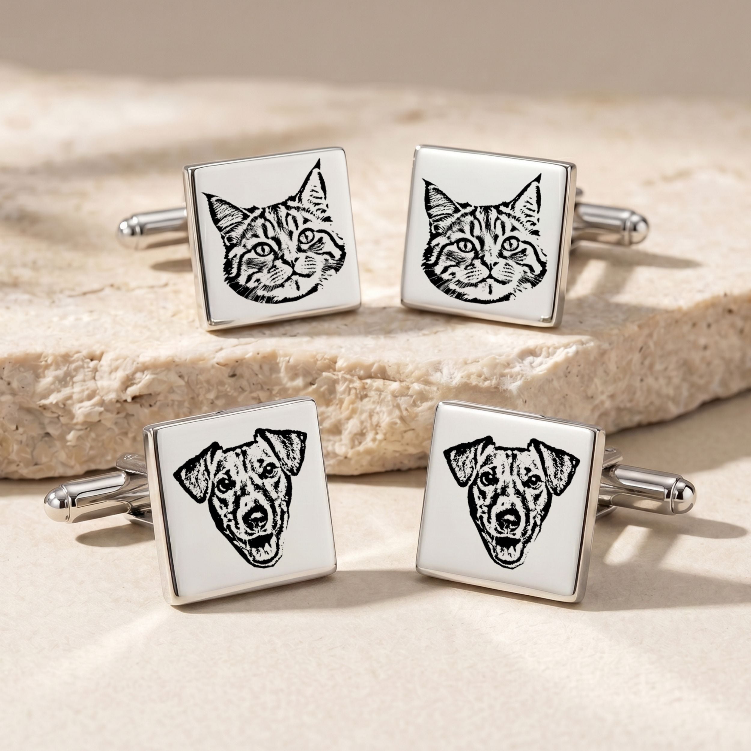 Custom Pet Photo Engraved Sketch Cufflinks Using Photo - Pet Face